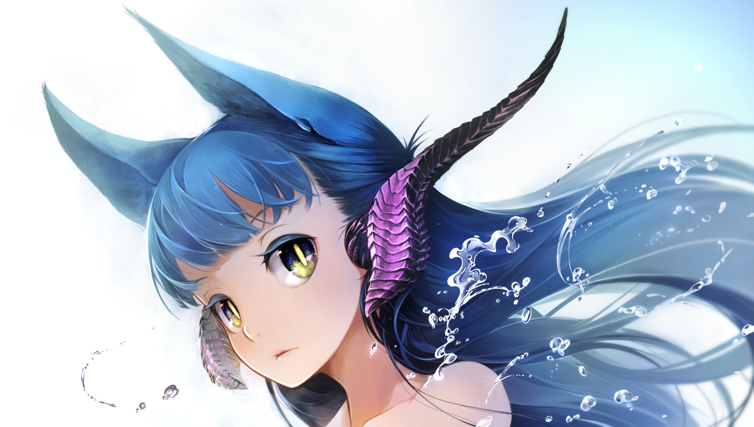 animal_ears, blue_eyes, blue_hair, horns, long_hair, original, water, yellow_eyes, yunar