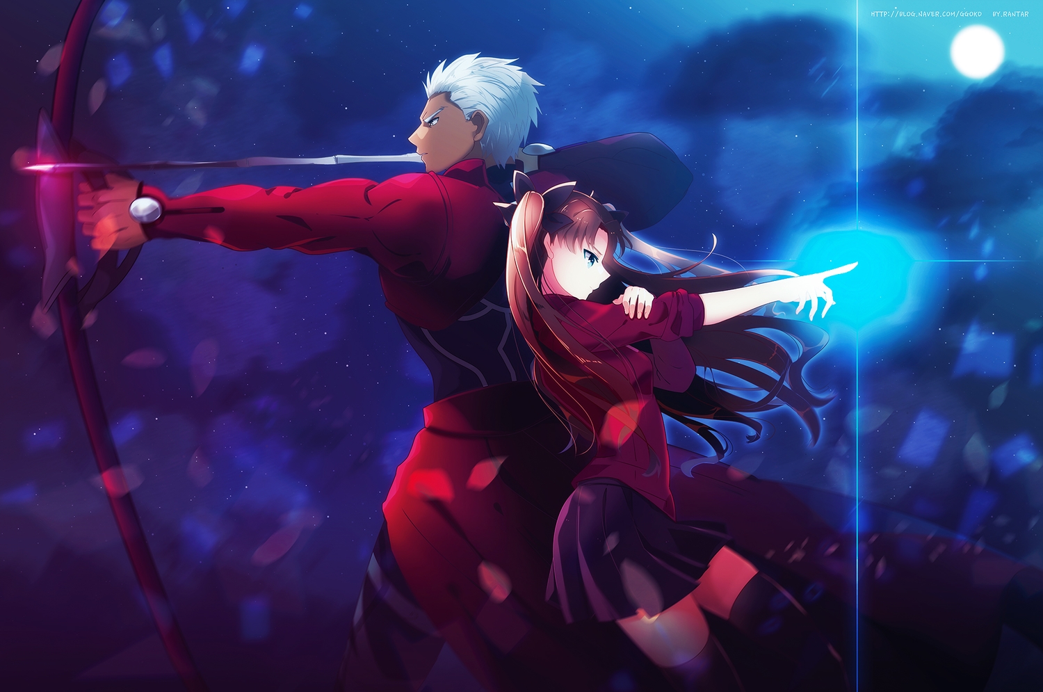 archer, blue_eyes, bow_(weapon), brown_hair, fate_(series), fate/stay_night, jeran_(ggokd), long_hair, male, moon, night, short_hair, skirt, thighhighs, tohsaka_rin, twintails, weapon, zettai_ryouiki