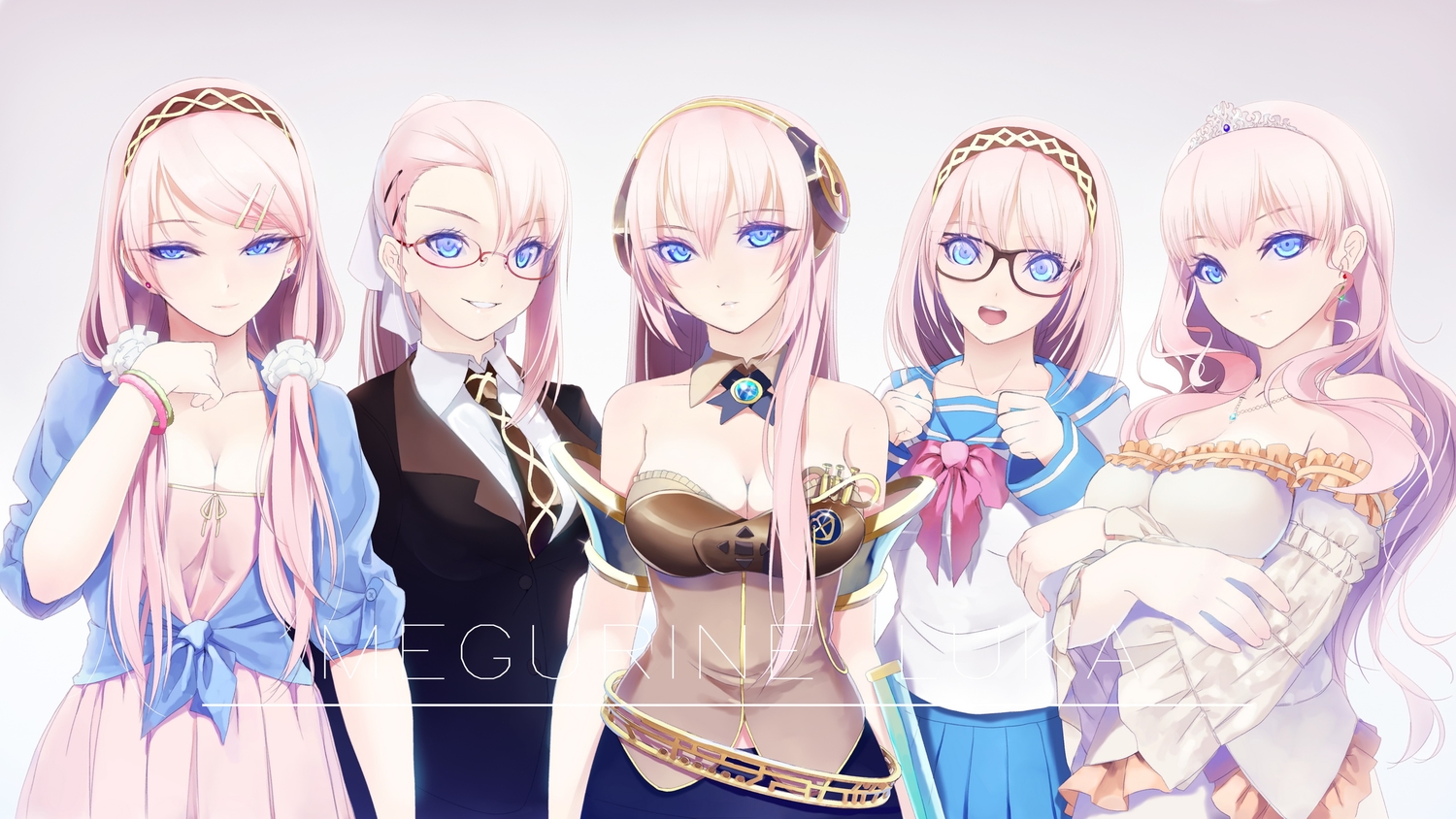 blue_eyes, breasts, cleavage, collar, dress, glasses, headband, headphones, long_hair, megurine_luka, necklace, okingjo, pink_hair, ponytail, school_uniform, suit, tiara, tie, twintails, vocaloid, wristwear