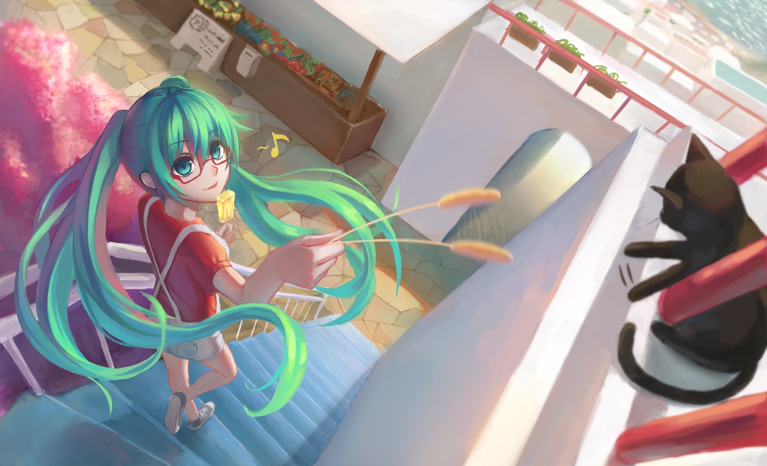 aqua_eyes, aqua_hair, food, glasses, hatsune_miku, ice_cream, jpeg_artifacts, long_hair