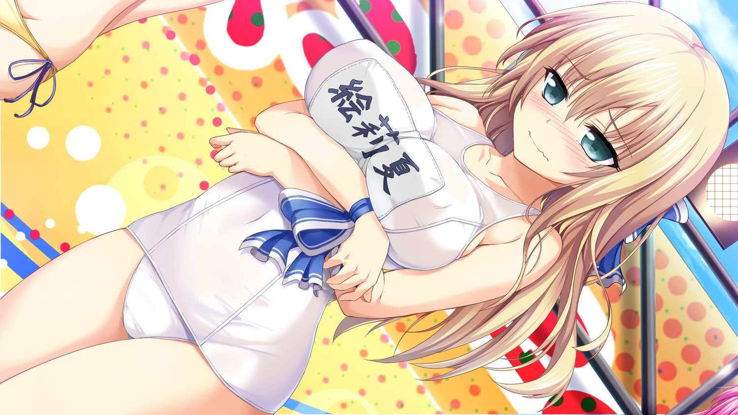 aqua_eyes, blonde_hair, blush, bow, breast_hold, breasts, game_cg, love_of_renai_koutei_of_love!, ootori_erika, oozora_itsuki, ribbons, school_swimsuit, swimsuit, wristwear