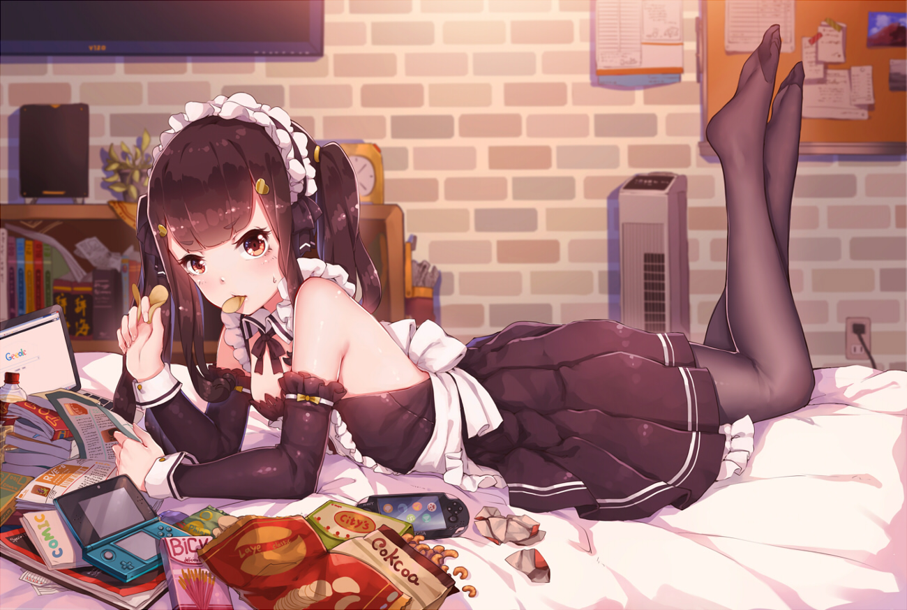 apron, bed, book, brown_eyes, brown_hair, computer, food, game_console, hokou_sakuran, long_hair, maid, original, pantyhose, paper, pocky, short_hair, twintails