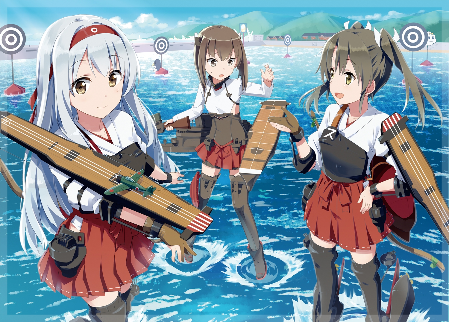 anthropomorphism, ayuya_naka_no_hito, brown_eyes, brown_hair, building, clouds, fairy_(kancolle), kantai_collection