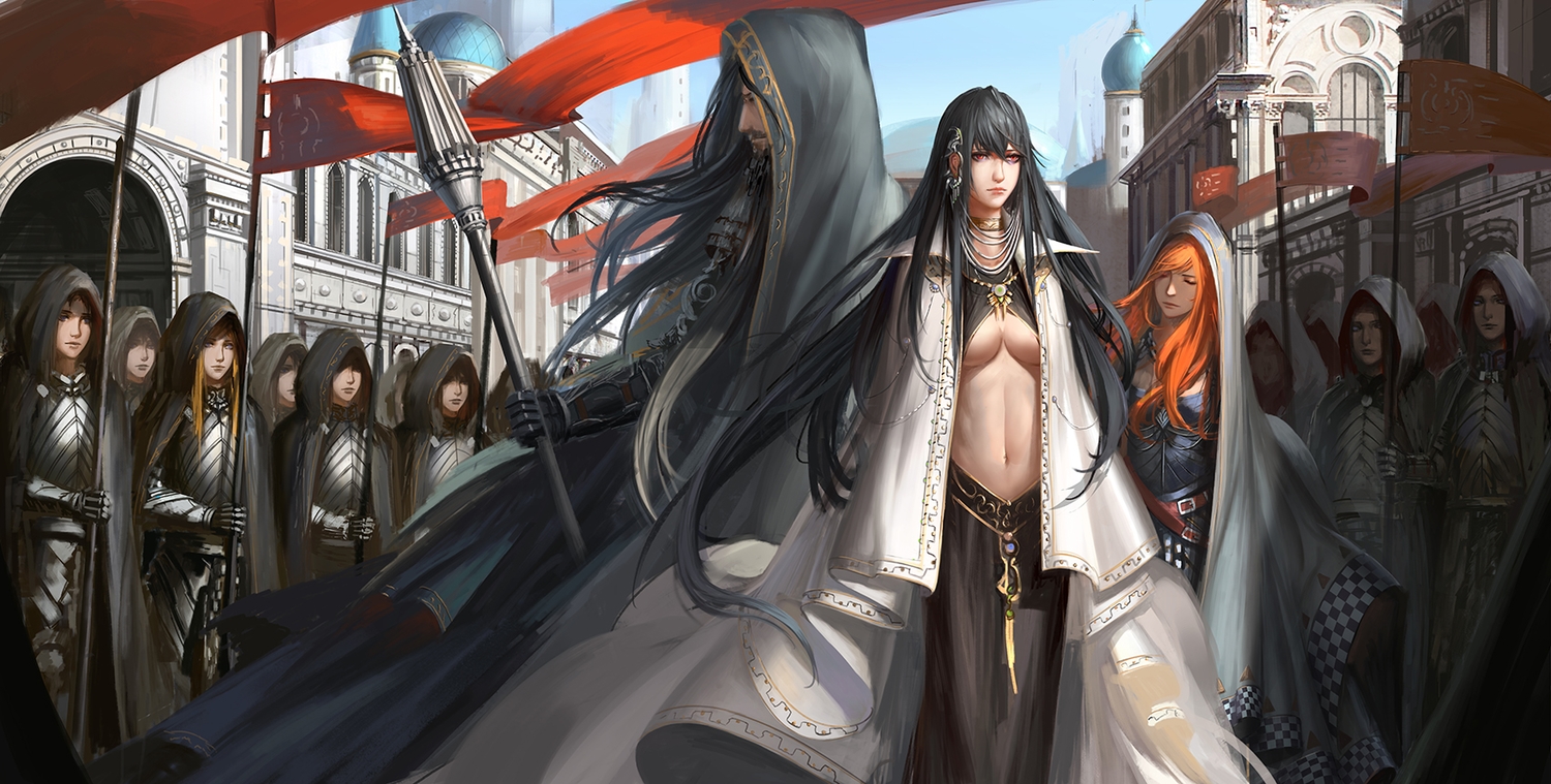 armor, black_hair, blonde_hair, breasts, building, choker, group, hood