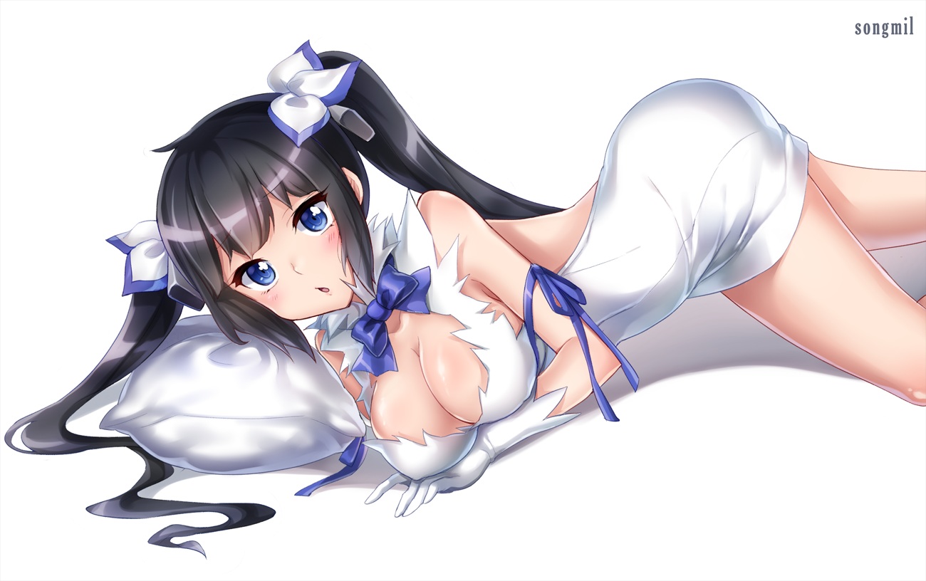 black_hair, blue_eyes, bow, breasts, cleavage, dress, dungeon_ni_deai_wo_motomeru_no_wa_machigatteiru_darou_ka, gloves, hestia_(danmachi), long_hair, ribbons, songmil, twintails, watermark, white