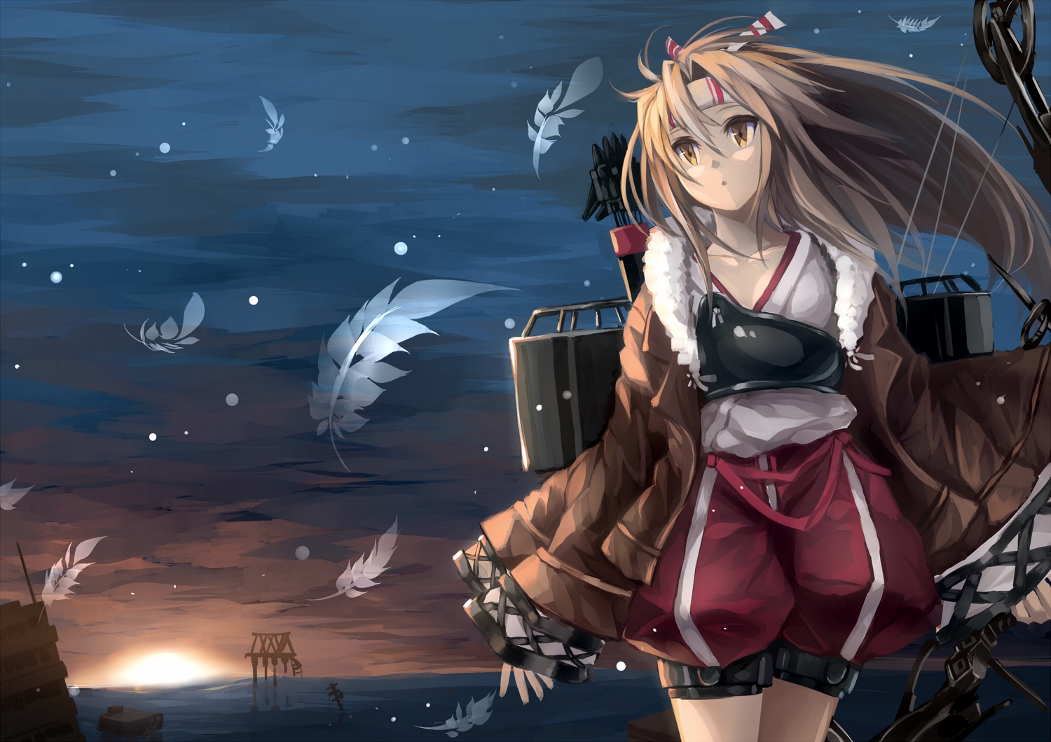 anthropomorphism, brown_eyes, brown_hair, feathers, headband, kantai_collection, long_hair, sky