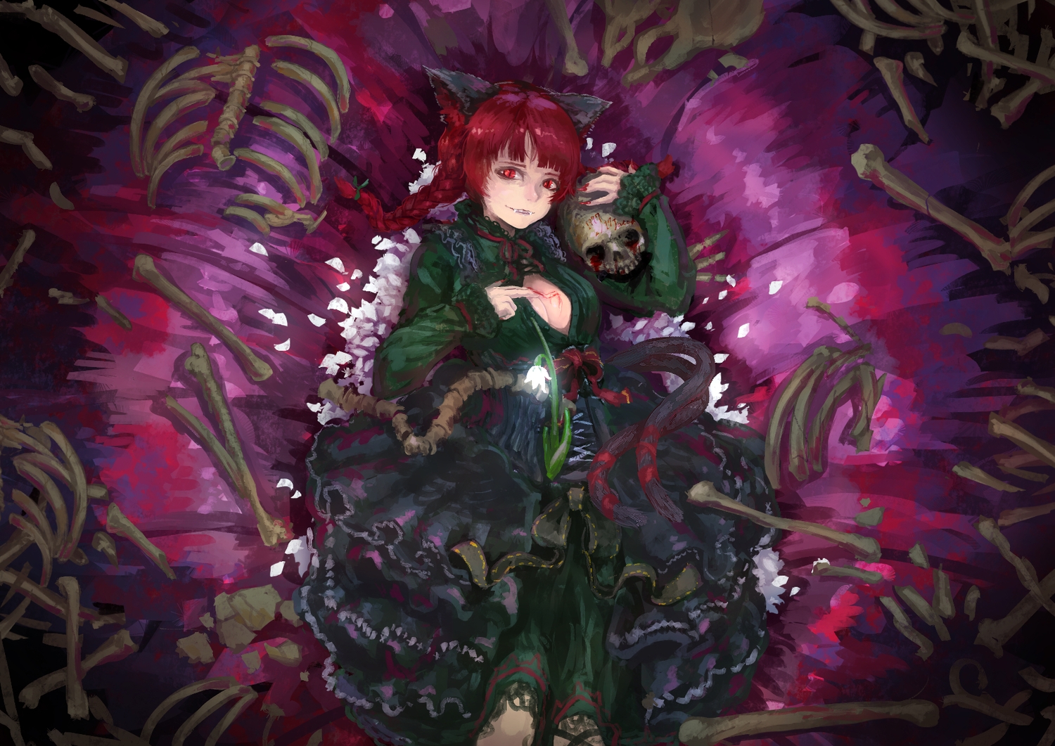 animal_ears, bones, braids, breasts, catgirl, cleavage, fang, goth-loli