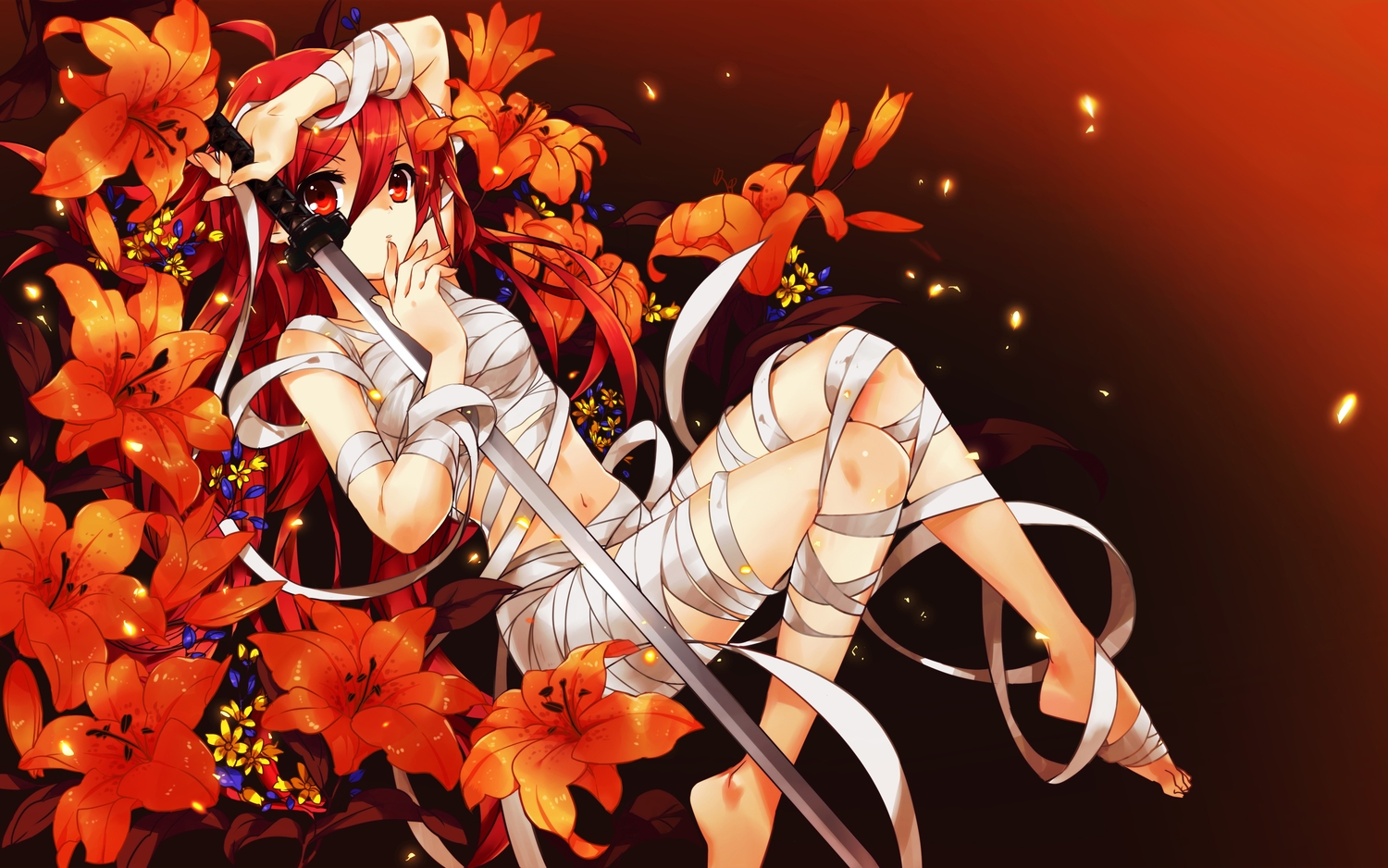 bandage, flowers, katana, long_hair, navel, nude, orange, red_eyes