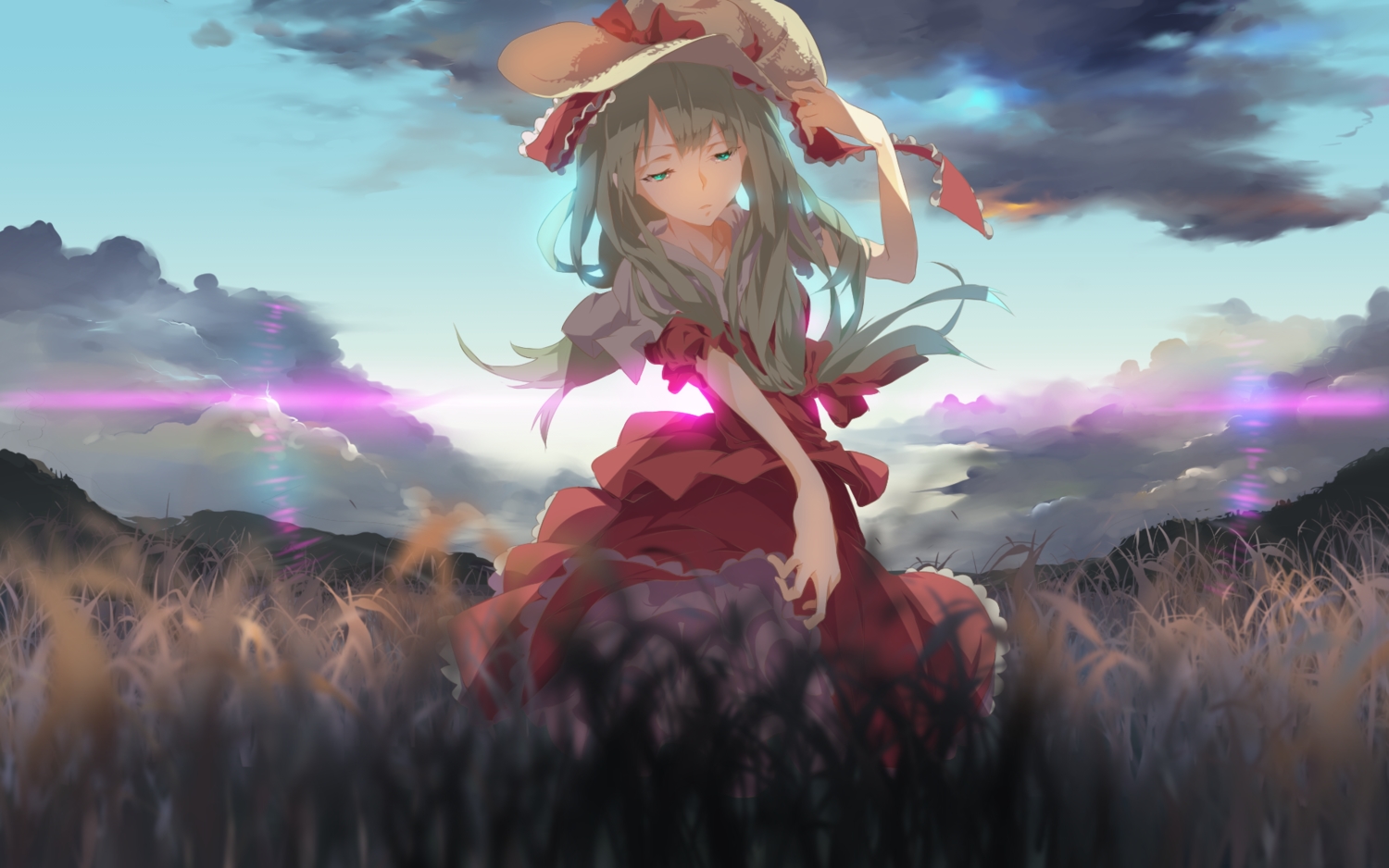 clouds, dc_(12696462), grass, green_eyes, hat, kagiyama_hina, long_hair, ribbons, skirt, sky, touhou