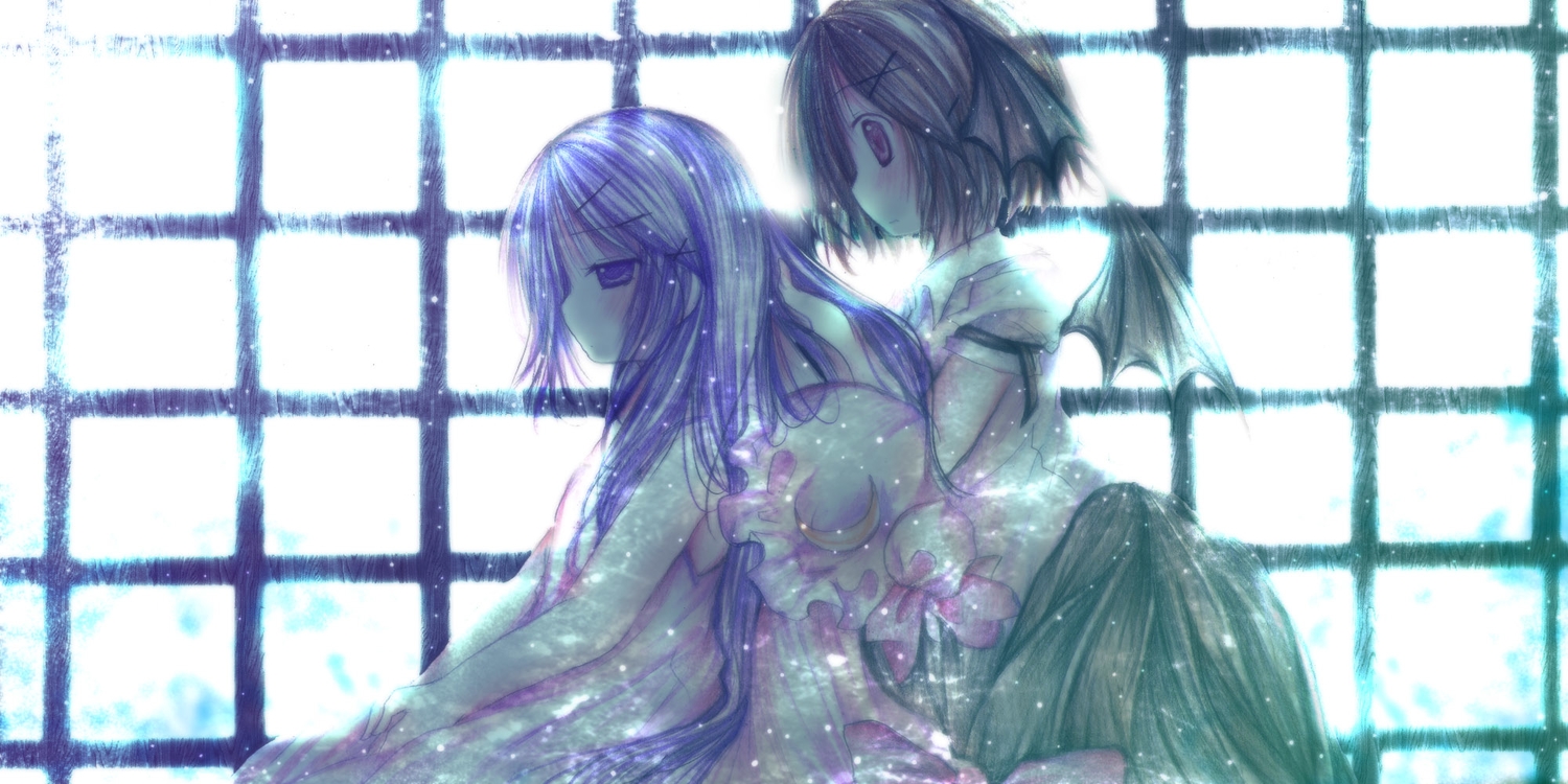 2girls, demon, kasuga_sunao, koakuma, long_hair, patchouli_knowledge, polychromatic, short_hair