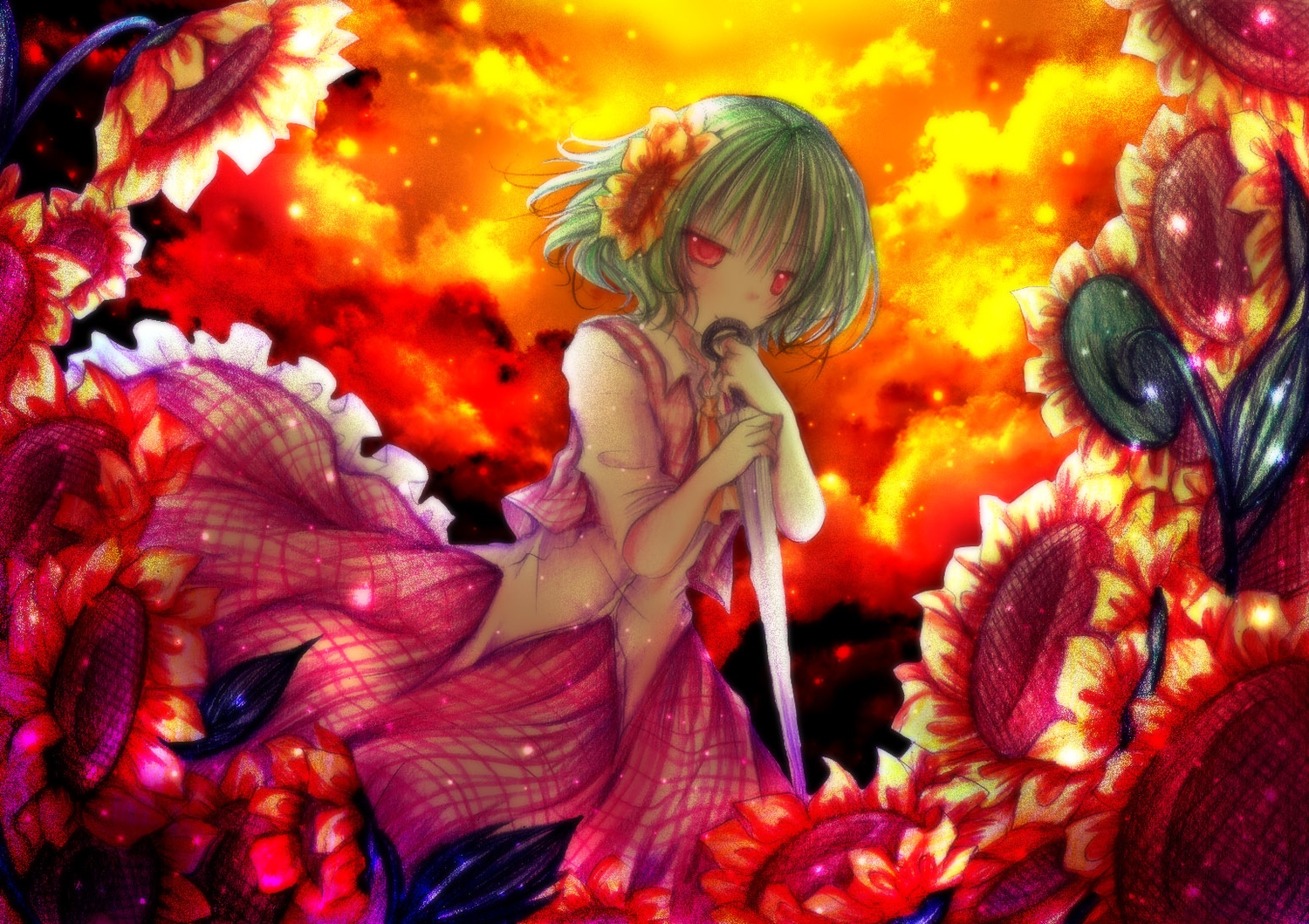 dress, flowers, green_hair, kasuga_sunao, kazami_yuuka, red_eyes, short_hair, sunflower, touhou, umbrella