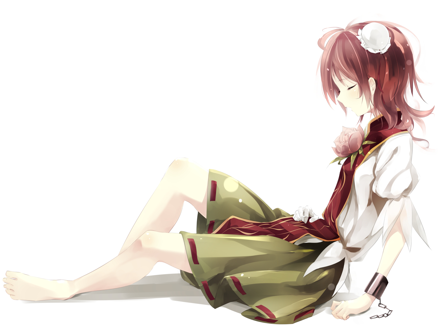 barefoot, flowers, gorilla_(bun0615), ibaraki_kasen, rose, shackles, skirt, touhou, white