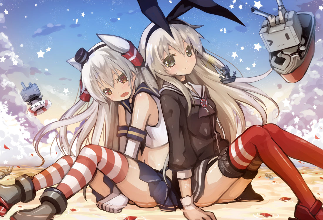 2girls, amatsukaze_(kancolle), anthropomorphism, blonde_hair, boots, brown_eyes, clouds, cosplay