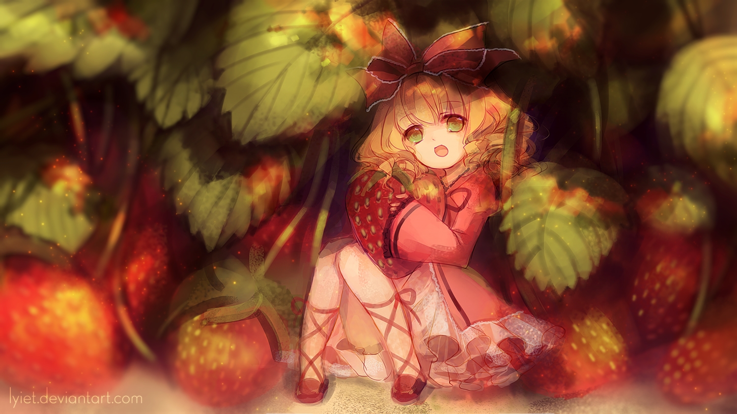 blonde_hair, bow, food, fruit, green_eyes, hina_ichigo, lolita_fashion, lyiet