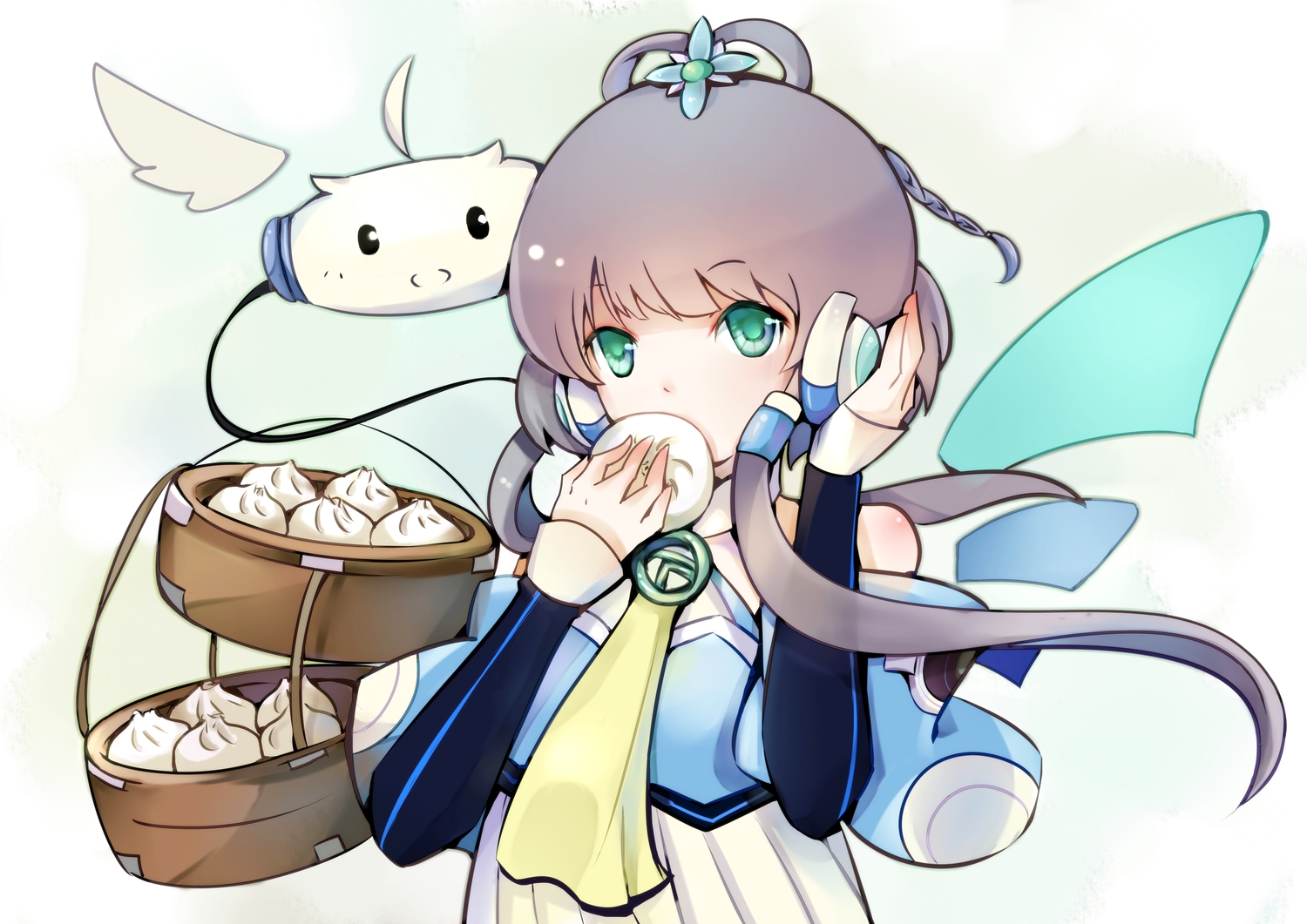 aqua_eyes, benghuai_7, food, gray_hair, long_hair, luo_tianyi, tian_dian, vocaloid, vsinger