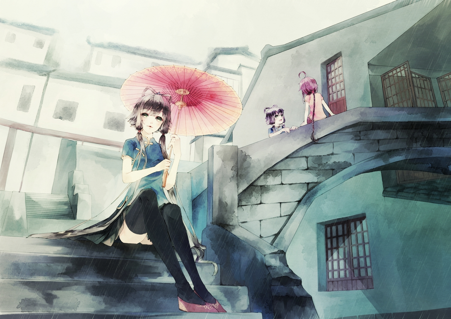 anna_(anna1997), black_hair, braids, chinese_clothes, green_eyes, long_hair, luo_tianyi, purple_hair, rain, red_hair, stairs, thighhighs, twintails, umbrella, vocaloid, vsinger, water, yuezheng_ling