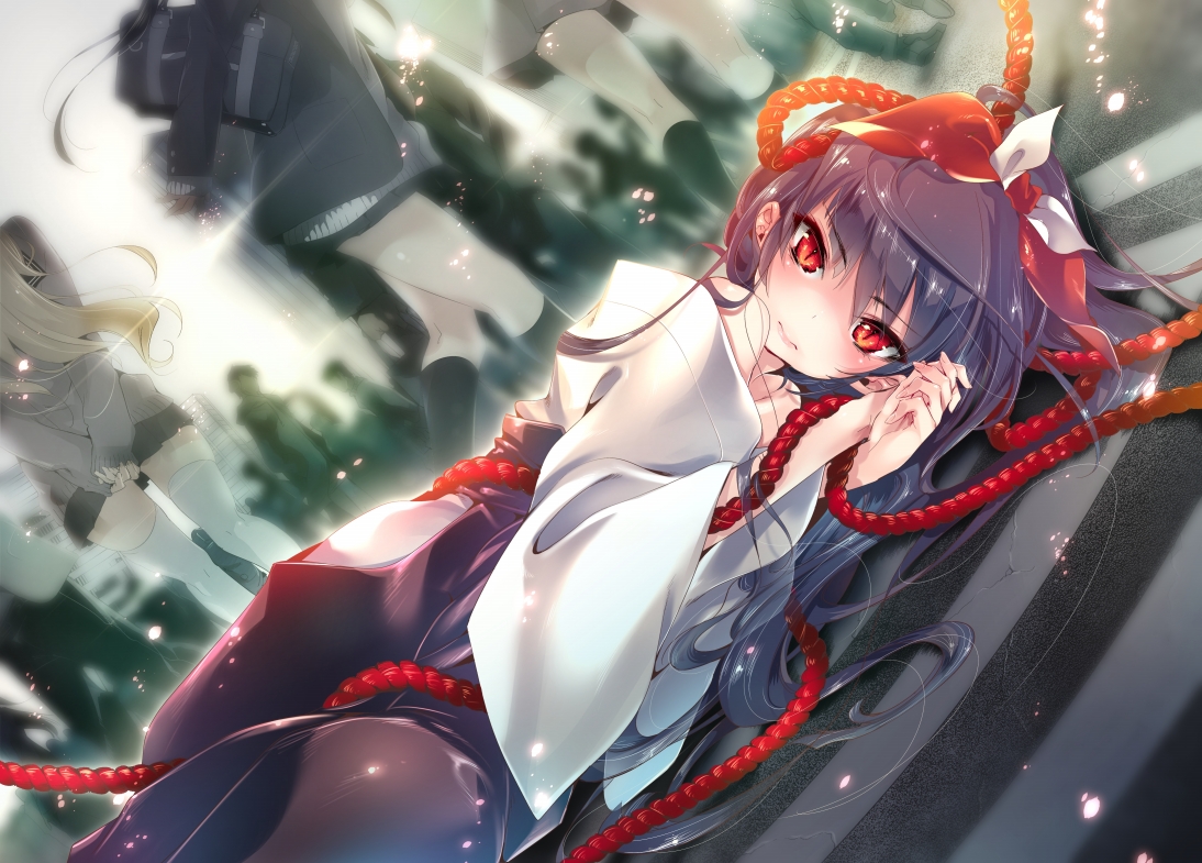 black_hair, building, city, group, japanese_clothes, kamishiki, kneehighs, long_hair, red_eyes, rope, thighhighs