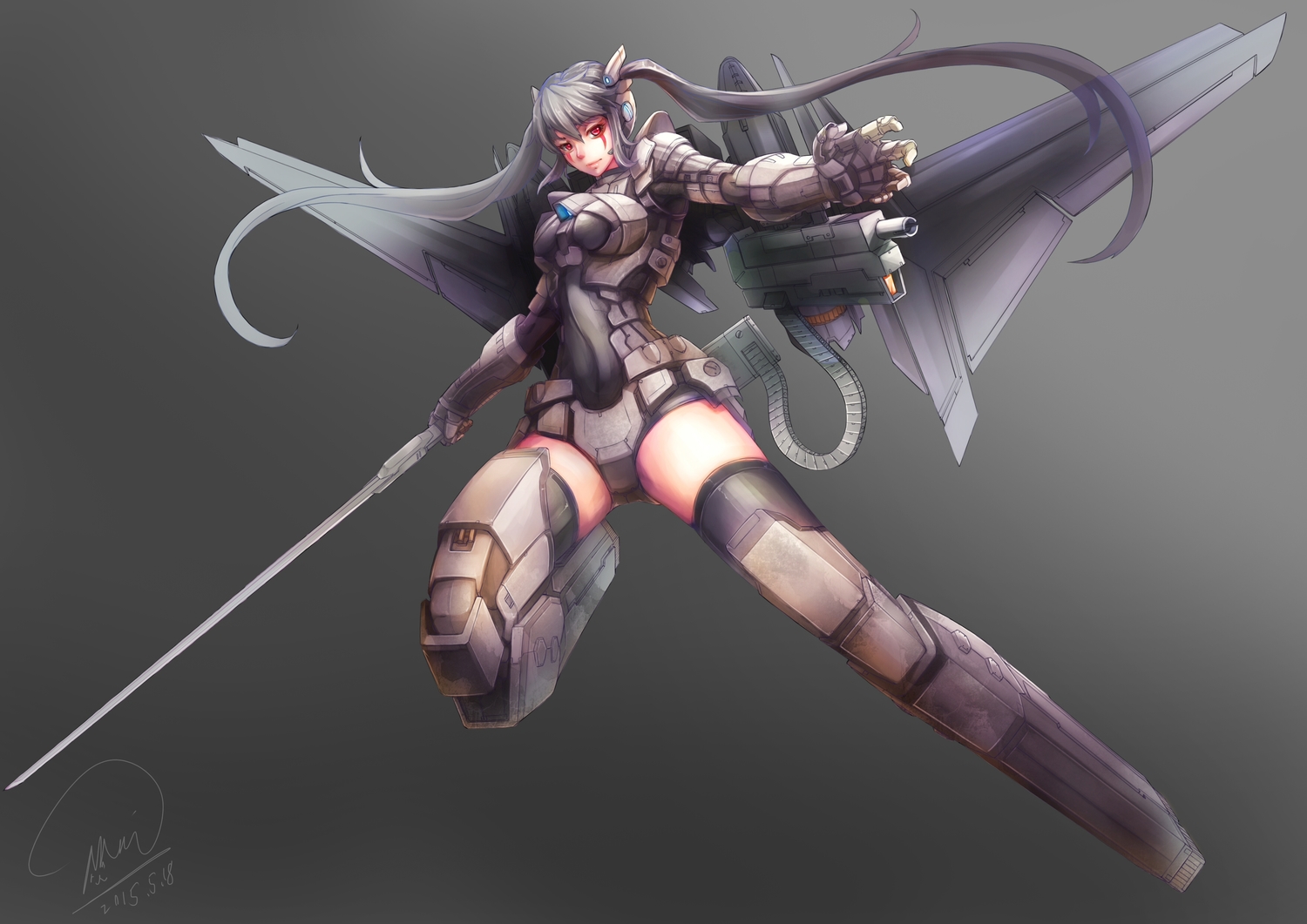 armor, gray, gray_hair, gun, long_hair, mechagirl, original, red_eyes