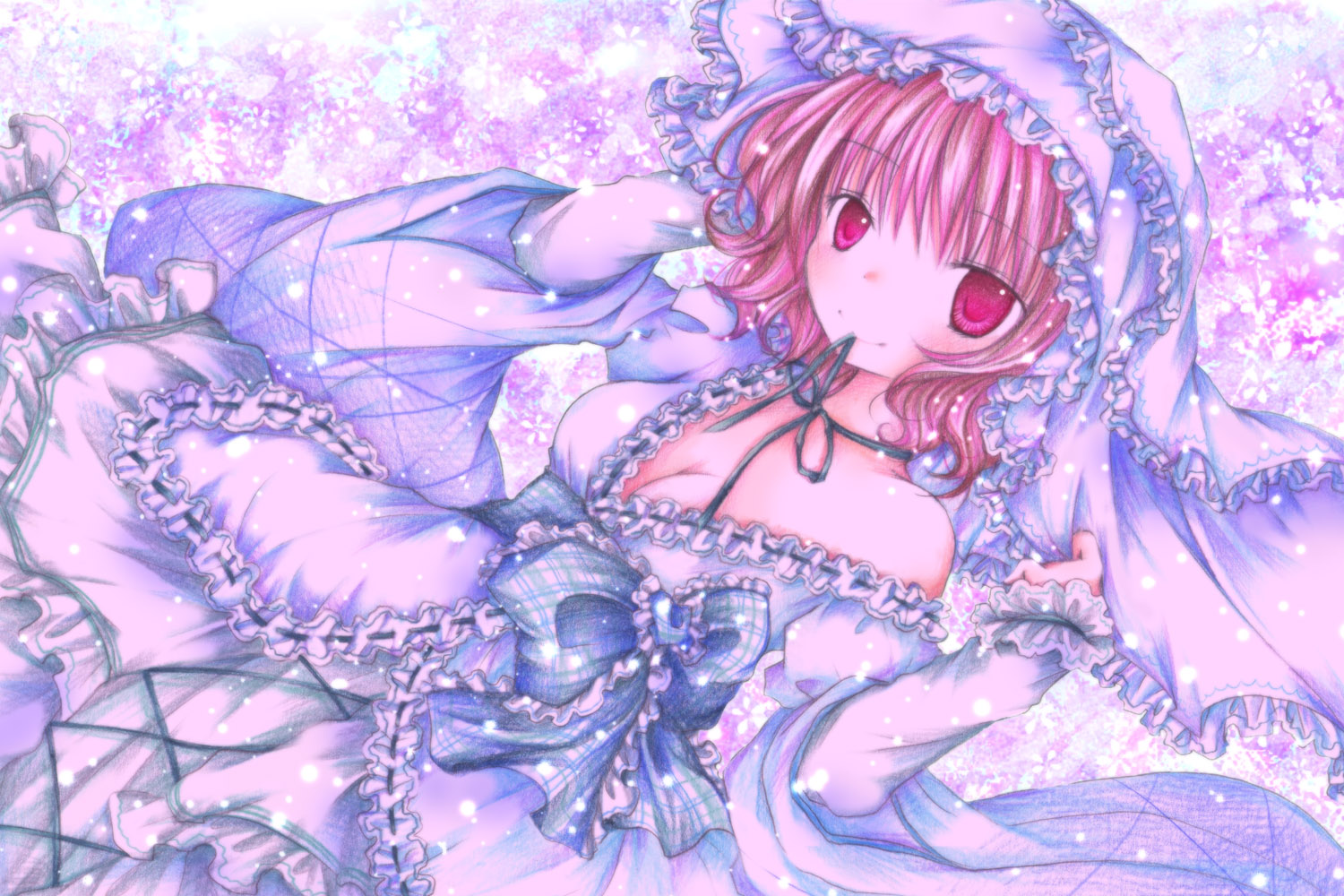 breasts, choker, cleavage, dress, hat, kasuga_sunao, pink_eyes, pink_hair, saigyouji_yuyuko, short_hair, touhou