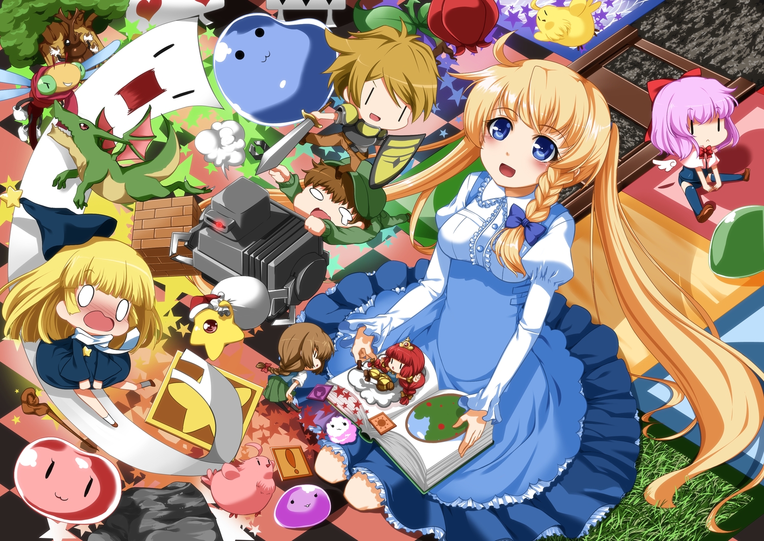 apron, armor, blonde_hair, blue_eyes, book, bow, braids, chibi, dress, eiyuu, grass, long_hair, original, sword, thighhighs, twintails, weapon, wings