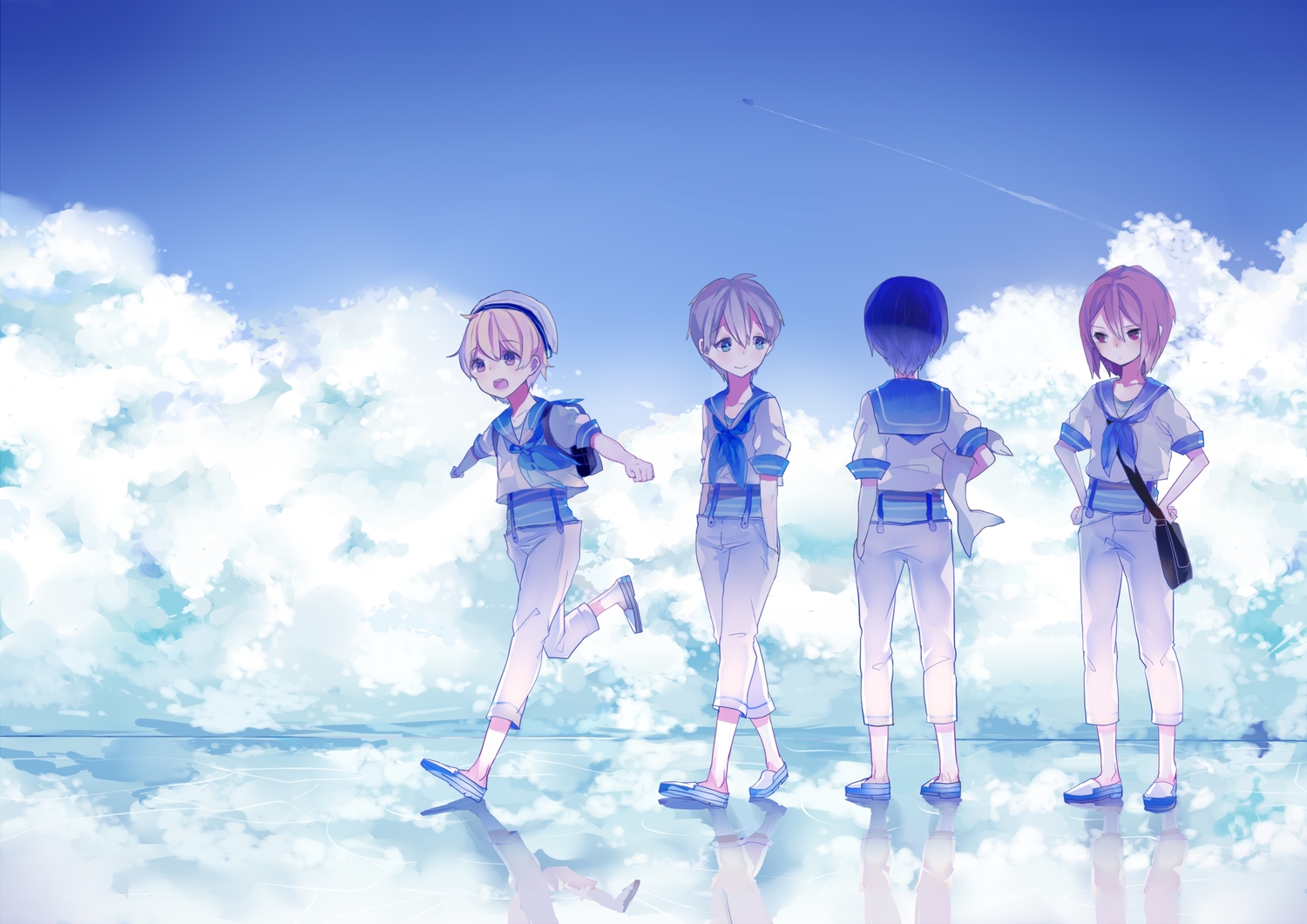 all_male, animal, blonde_hair, blue_eyes, blue_hair, brown_eyes, bunuojiang, clouds, dolphin, free!, gray_hair, group, hat, hazuki_nagisa, male, matsuoka_rin, nanase_haruka, red_eyes, red_hair, ryugazaki_rei, school_uniform, short_hair, sky