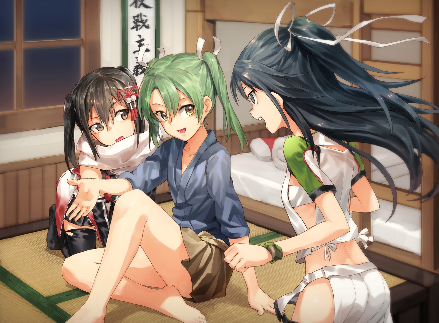 anthropomorphism, barefoot, bed, black_hair, bow, green_hair, kantai_collection, katsuragi_(kancolle), long_hair, ponytail, ribbons, sendai_(kancolle), skirt, thighhighs, tugo, twintails, wristwear, zuikaku_(kancolle)