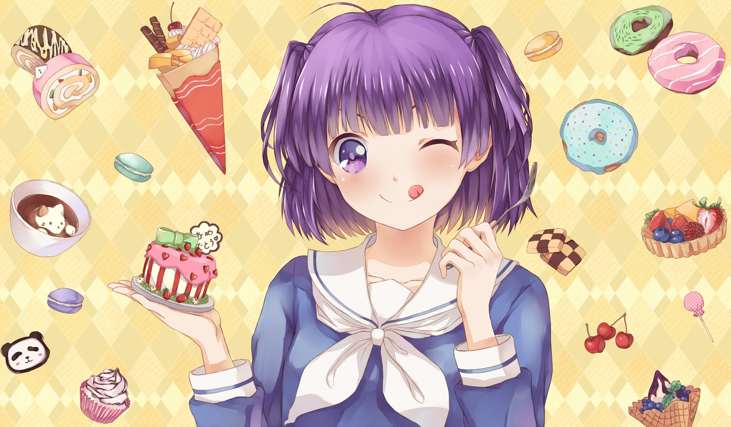 cake, candy, cherry, drink, food, fruit, ice_cream, koufuku_graffiti, lollipop, morino_kirin, purple_eyes, purple_hair, ryuu32, school_uniform, short_hair, strawberry, twintails, wink
