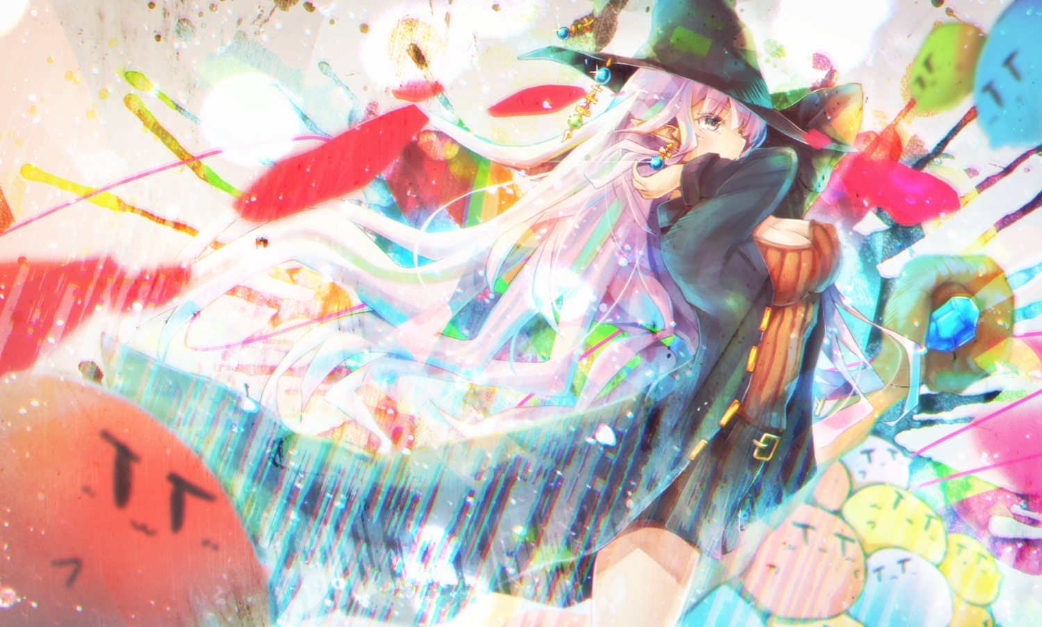 breasts, cleavage, cyanomirahi, hat, long_hair, original, pink_hair, pointed_ears, witch_hat
