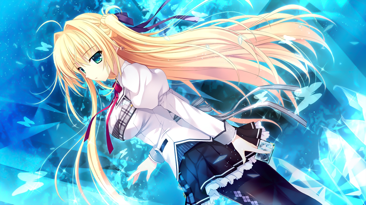 alia's_carnival, aqua_eyes, blonde_hair, blue, butterfly, game_cg, long_hair, nanao_naru, nanawind, pantyhose, ribbons, sakurakouji_tsukuyomi, school_uniform