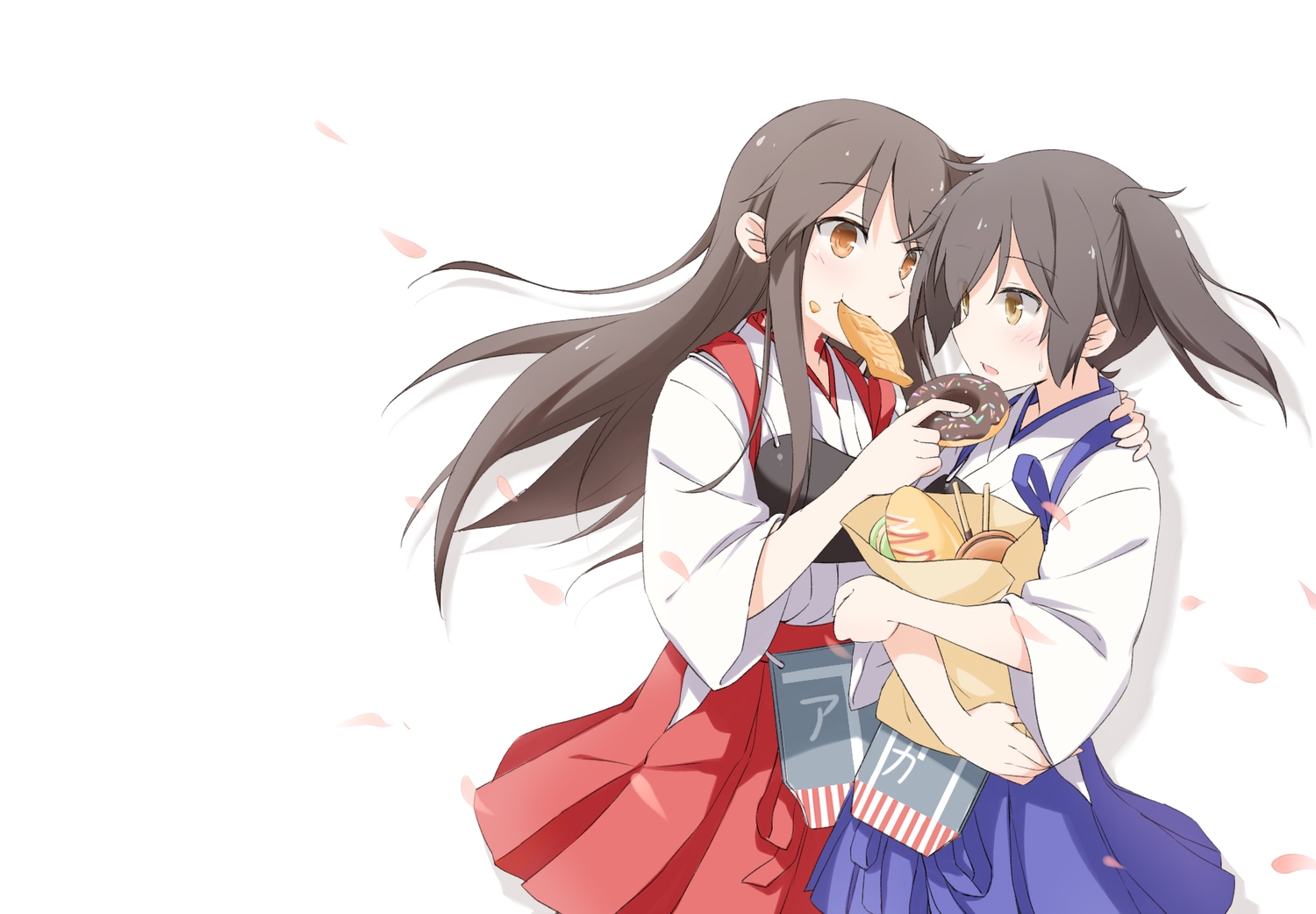 2girls, akagi_(kancolle), anthropomorphism, black_hair, brown_eyes, food, japanese_clothes, kaga_(kancolle), kantai_collection, long_hair, orange_eyes, petals, plhsxf, taiyaki, white