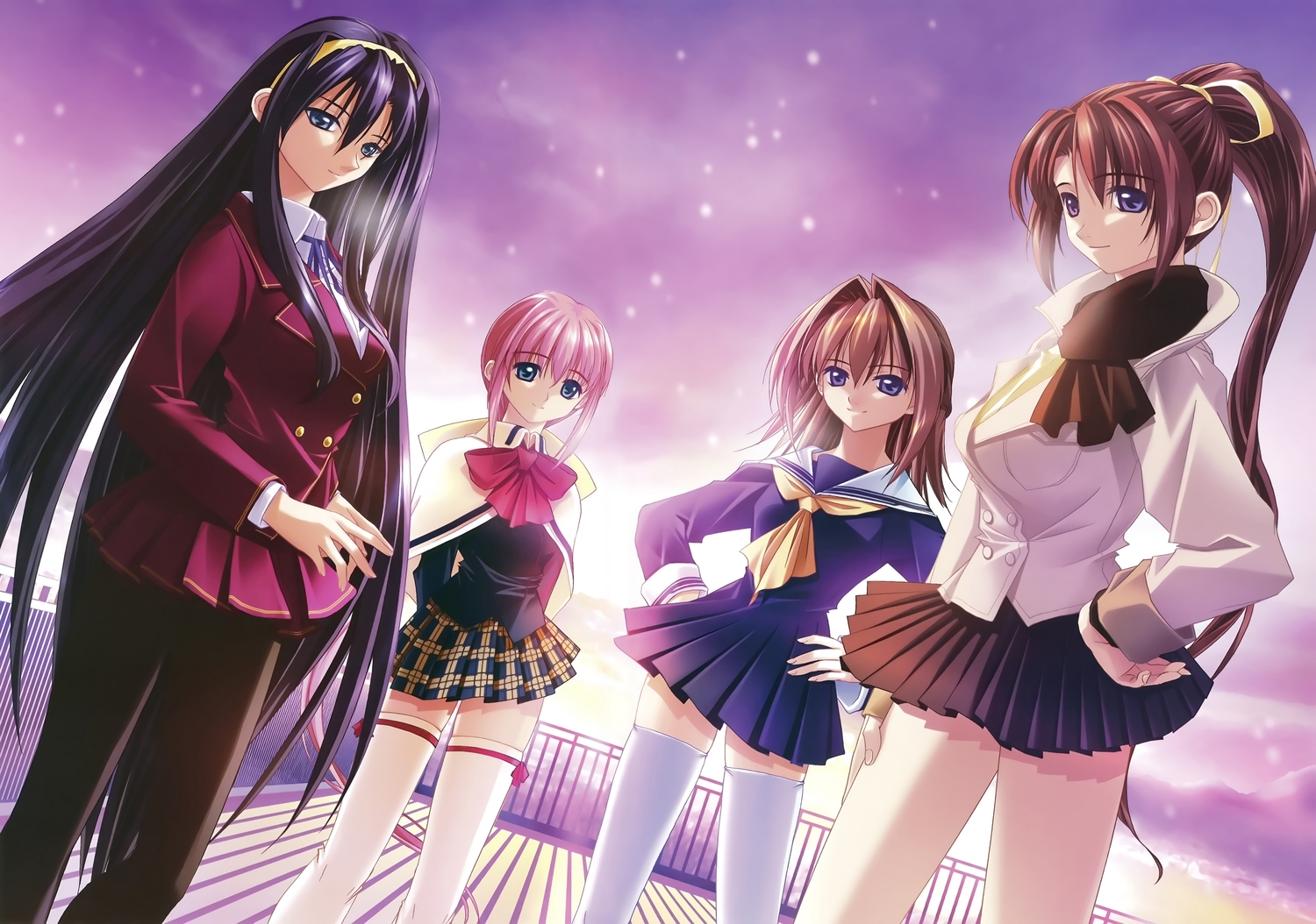aneimo_2_h's, black_hair, blonde_hair, blue_eyes, boot_up!, headband, kirishima_mizuki, kirishima_satsuki, long_hair, pantyhose, pink_hair, ponytail, scan, school_uniform, shinonome_kazuhiko, shirakawa_saori, shirakawa_yui, skirt, snow, thighhighs, zettai_ryouiki