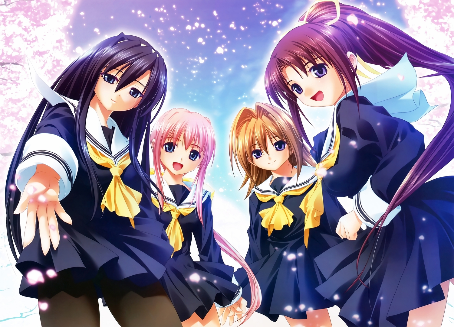 aneimo_2_h's, black_hair, blonde_hair, blue_eyes, boot_up!, cherry_blossoms, flowers, group, kirishima_mizuki, kirishima_satsuki, long_hair, pantyhose, petals, pink_hair, ponytail, purple_hair, scan, school_uniform, shinonome_kazuhiko, shirakawa_saori, shirakawa_yui, skirt