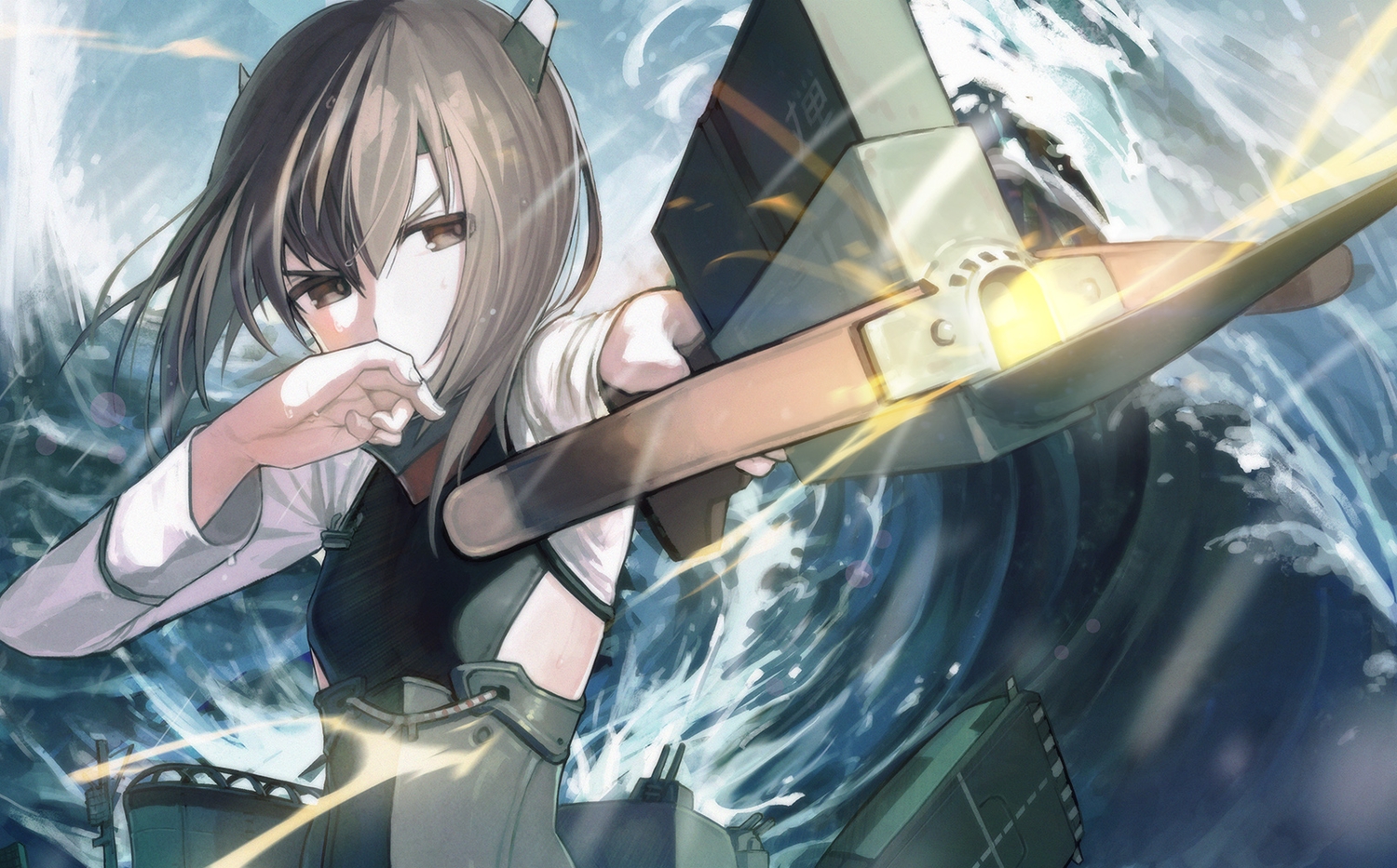 anthropomorphism, bow_(weapon), brown_eyes, brown_hair, kantai_collection, kylin, short_hair, taihou_(kancolle), water, weapon