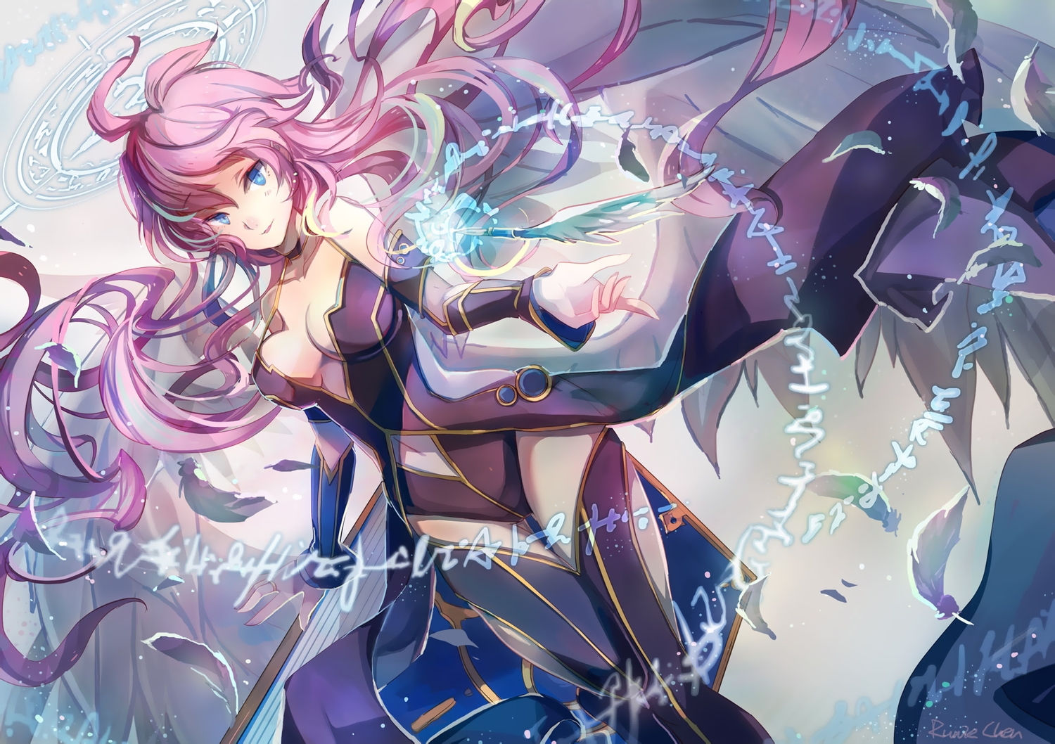blue_eyes, breasts, cape, cleavage, long_hair, magic, mao_xiaozha_(rumiechen), metatron_(p&d), no_bra, pink_hair, puzzle_&_dragons, thighhighs, wings
