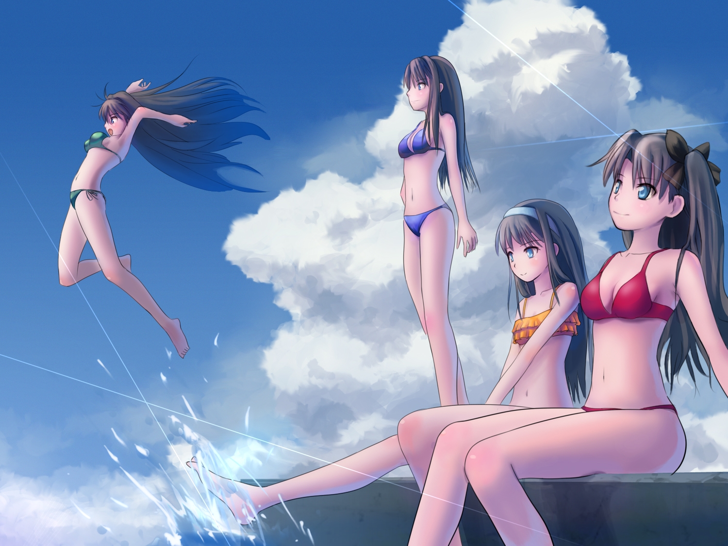 amema, aozaki_aoko, barefoot, bikini, black_hair, clouds, crossover, fate_(series)