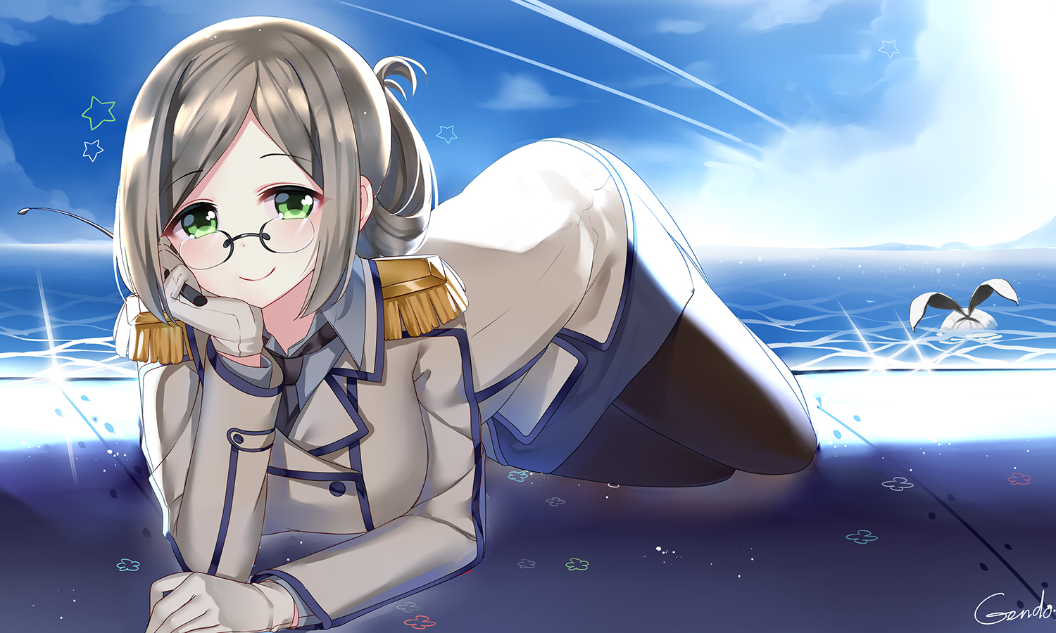animal, anthropomorphism, bird, gendo0032, gloves, gray_hair, green_eyes, headband