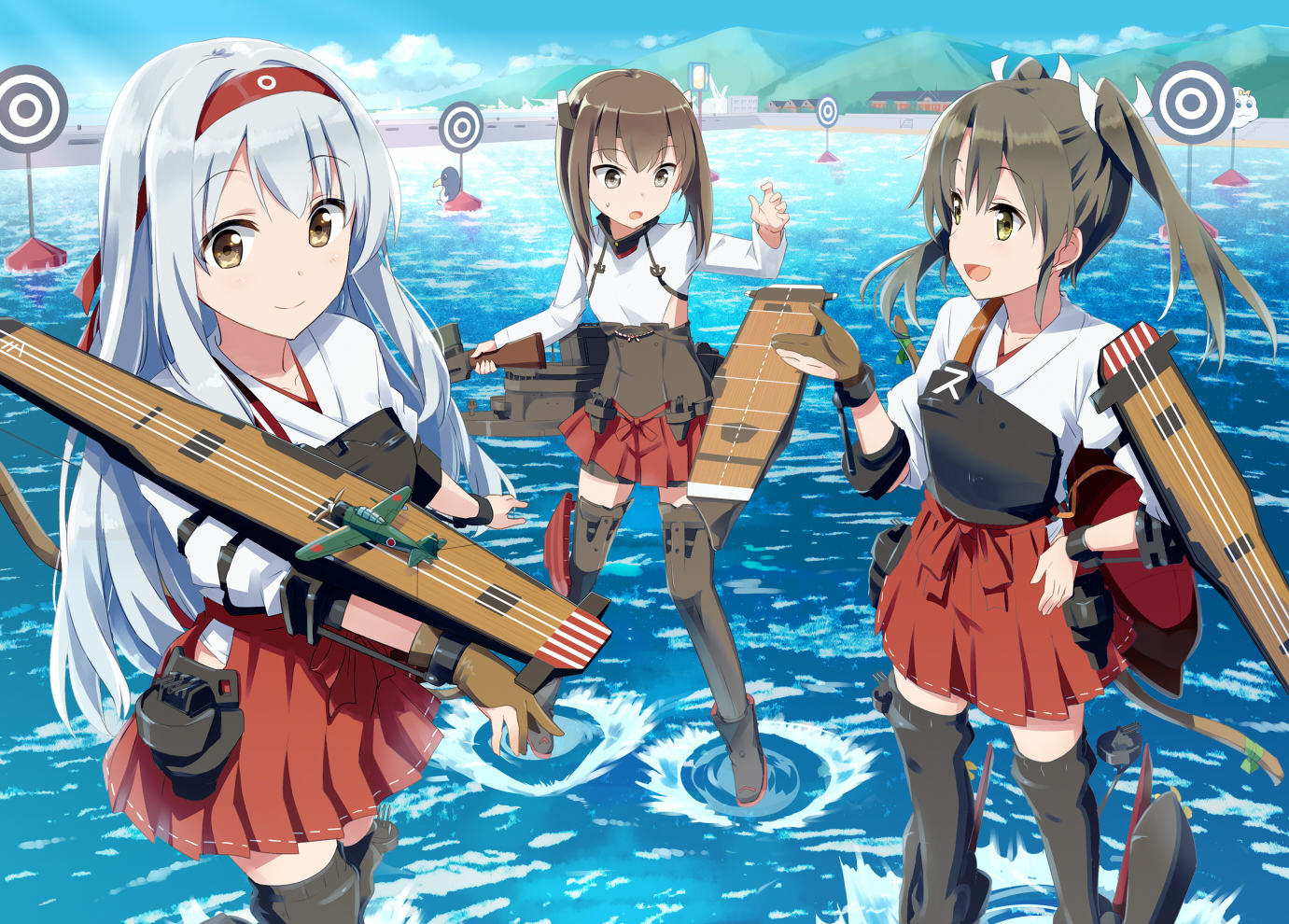 anthropomorphism, ayuya_naka_no_hito, brown_eyes, brown_hair, building, clouds, fairy_(kancolle), gochou_(kedama), kantai_collection, shoukaku_(kancolle), sky, taihou_(kancolle), twintails, water, white_hair, yellow_eyes, zuikaku_(kancolle)