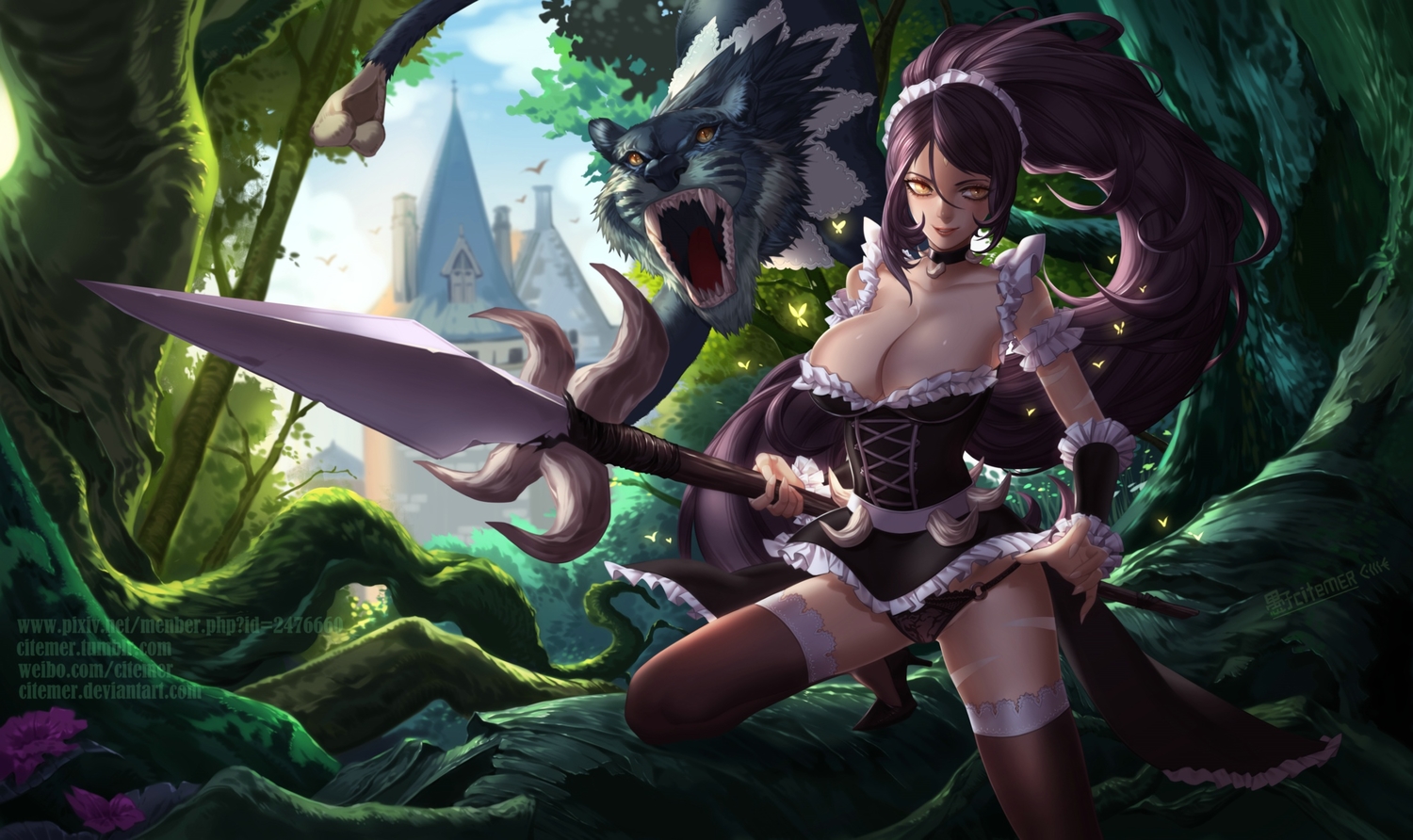 animal, breasts, building, choker, cleavage, flowers, league_of_legends, liuruoyu8888