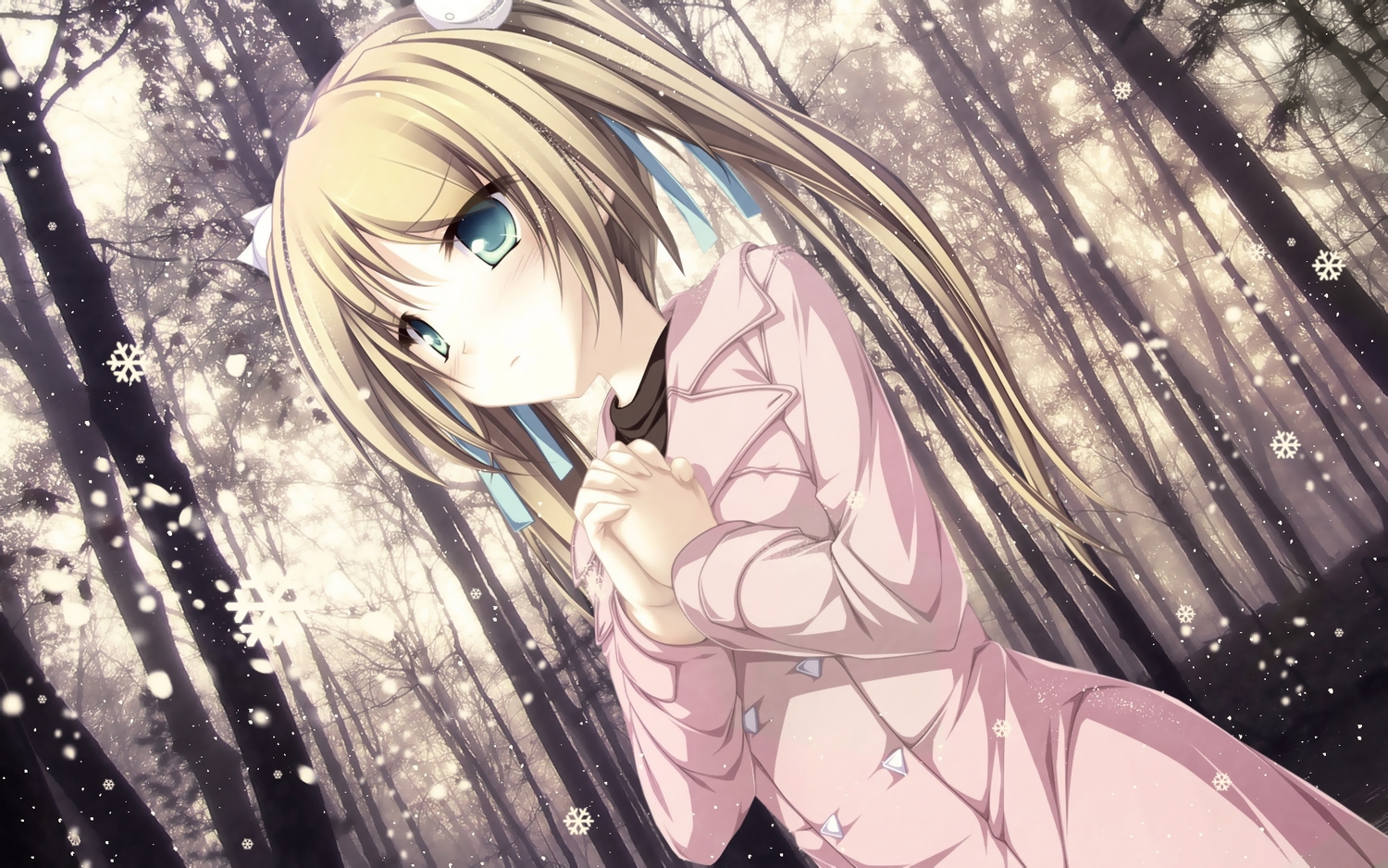blonde_hair, blush, forest, green_eyes, hisagihara_ui, long_hair, ribbons, snow, suzukaze_no_melt, tenmaso, tree, twintails