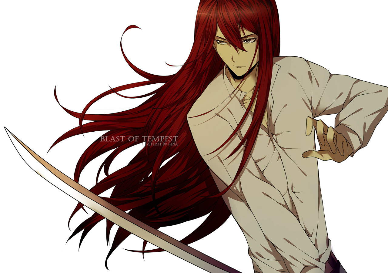 all_male, jpeg_artifacts, kusaribe_samon, long_hair, male, red_hair, rena_(renasight), shirt, sword, watermark, weapon, white, zetsuen_no_tempest