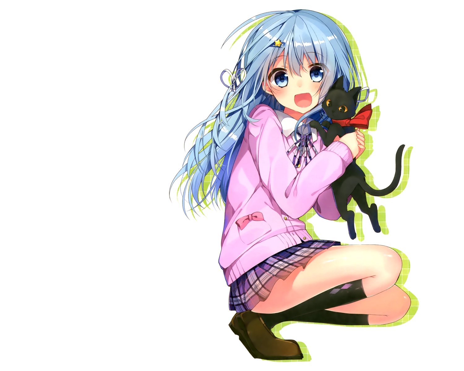 animal, blue_eyes, blue_hair, bow, cat, kneehighs, long_hair, mishima_kurone