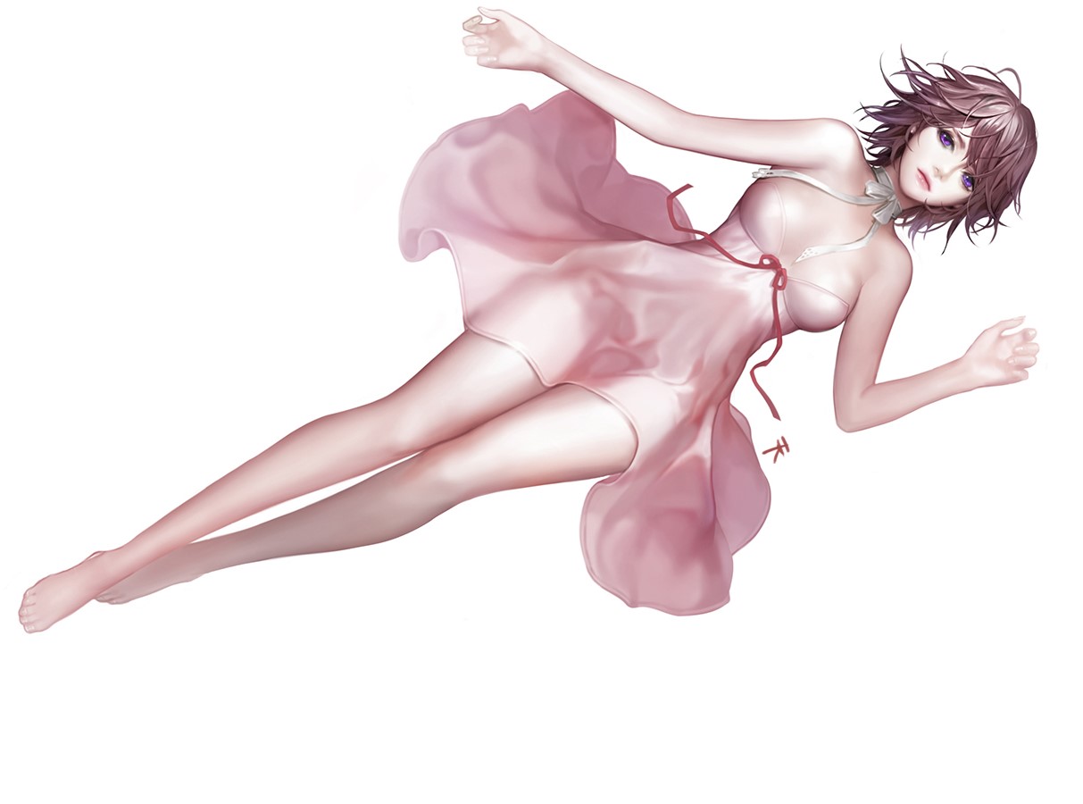 barefoot, brown_hair, choker, ddongu, dress, original, purple_eyes, ribbons