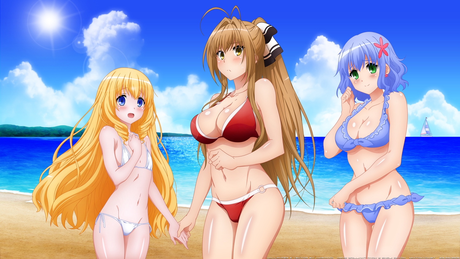 amagi_brilliant_park, beach, bikini, blonde_hair, blue_eyes, blue_hair, blush, breasts