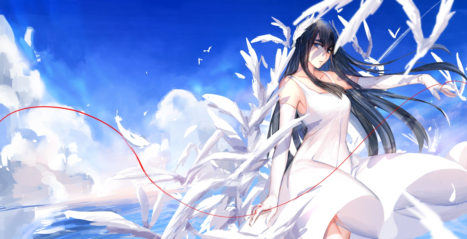 allenkung1, black_hair, blue_eyes, clouds, dress, elbow_gloves, gloves, kill_la_kill