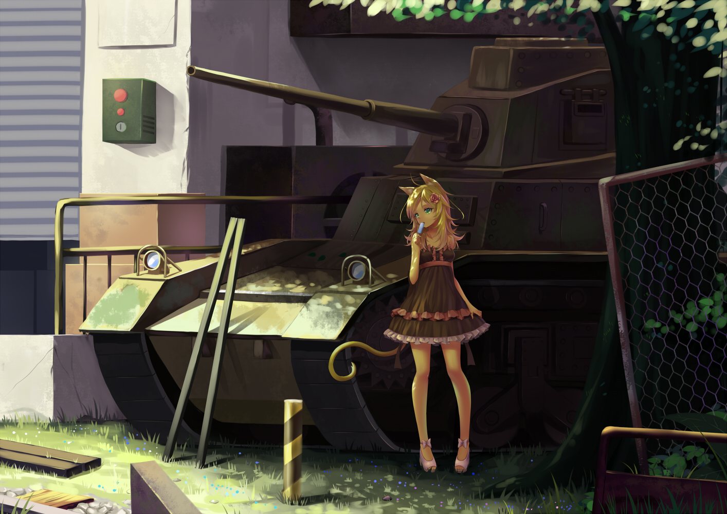 animal_ears, blonde_hair, blue_eyes, building, catgirl, combat_vehicle, dress, flowers