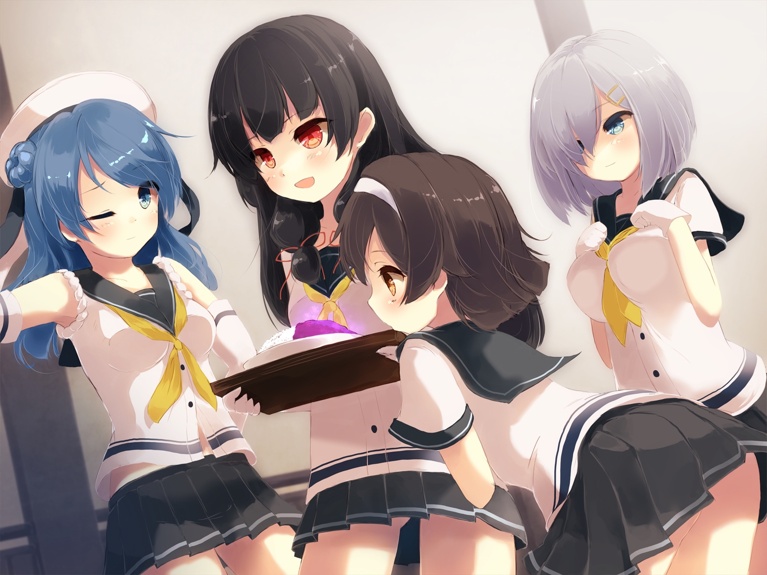 anthropomorphism, ass, black_hair, blue_eyes, blue_hair, brown_hair, food, gengetsu_chihiro, gloves, gray_hair, group, hamakaze_(kancolle), hat, headband, isokaze_(kancolle), kantai_collection, long_hair, red_eyes, school_uniform, short_hair, tanikaze_(kancolle), urakaze_(kancolle), wink