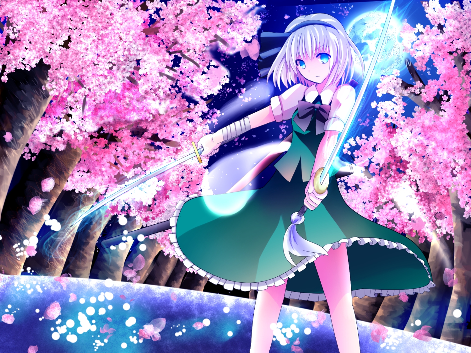 bandage, blue_eyes, bow, cherry_blossoms, flowers, headband, katana, konpaku_youmu, magic, moon, myon, petals, sakipsakip, short_hair, sword, touhou, tree, weapon, white_hair