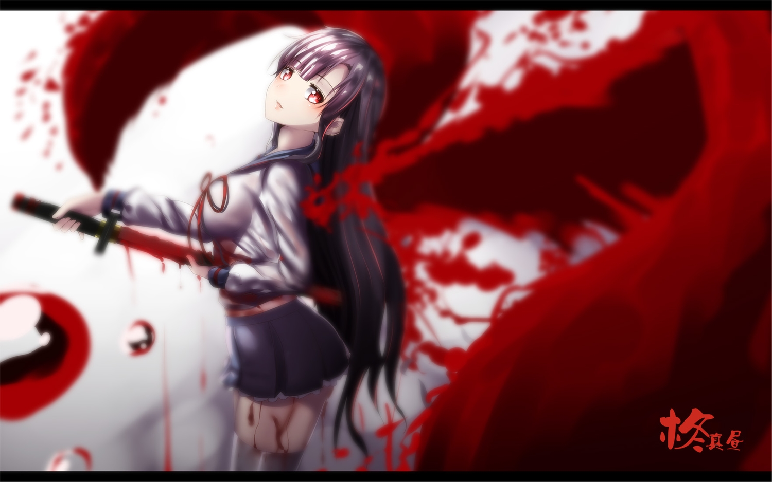 black_hair, blood, hiiragi_mahiru, hk_(hk), jpeg_artifacts, long_hair, owari_no_seraph, red_eyes, skirt, sword, weapon