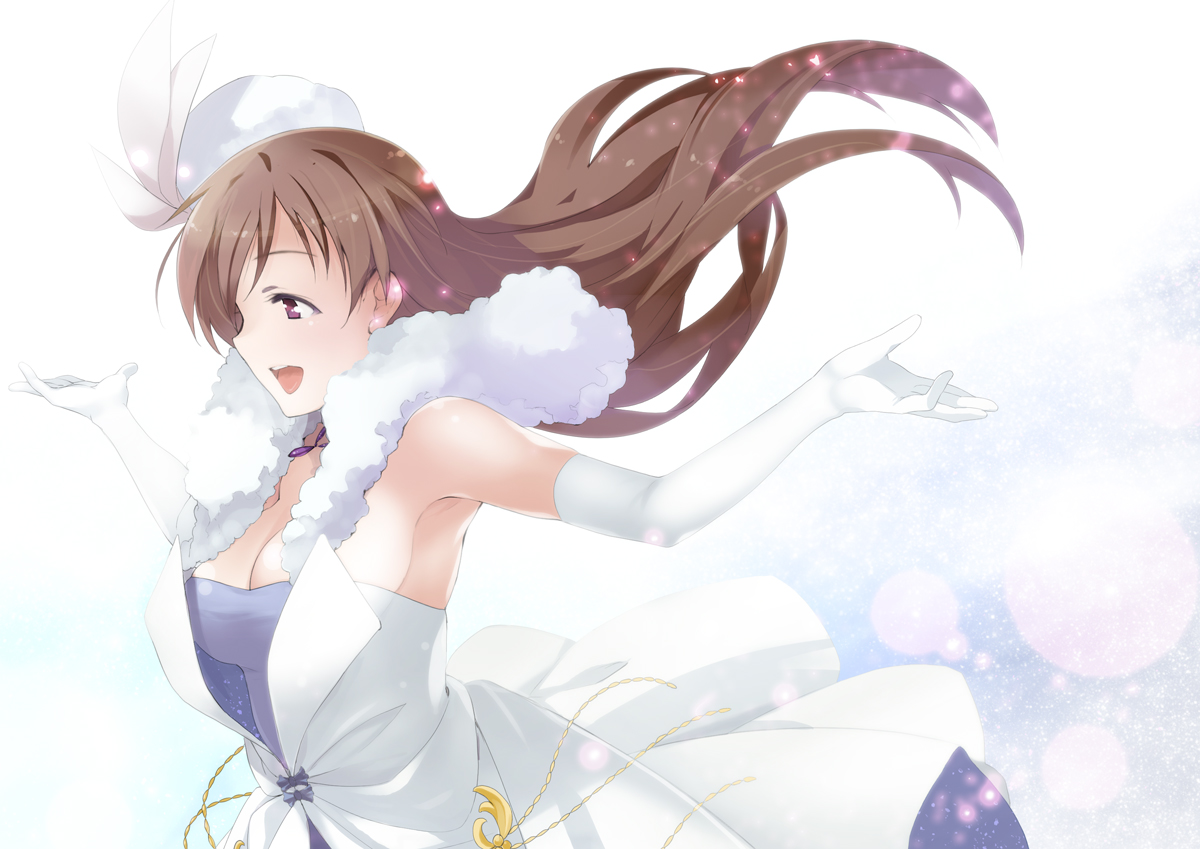 breasts, brown_hair, cleavage, dress, elbow_gloves, gloves, idolmaster, idolmaster_cinderella_girls, inue_shinsuke, long_hair, nitta_minami, white