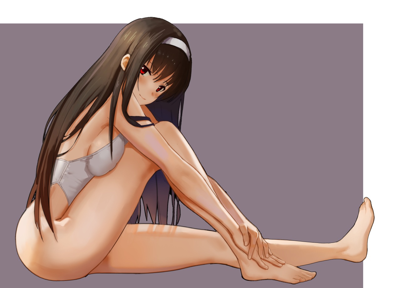 barefoot, breasts, brown_hair, gray, headband, kasumigaoka_utaha, long_hair, red_eyes, saenai_heroine_no_sodatekata, seinen, swimsuit